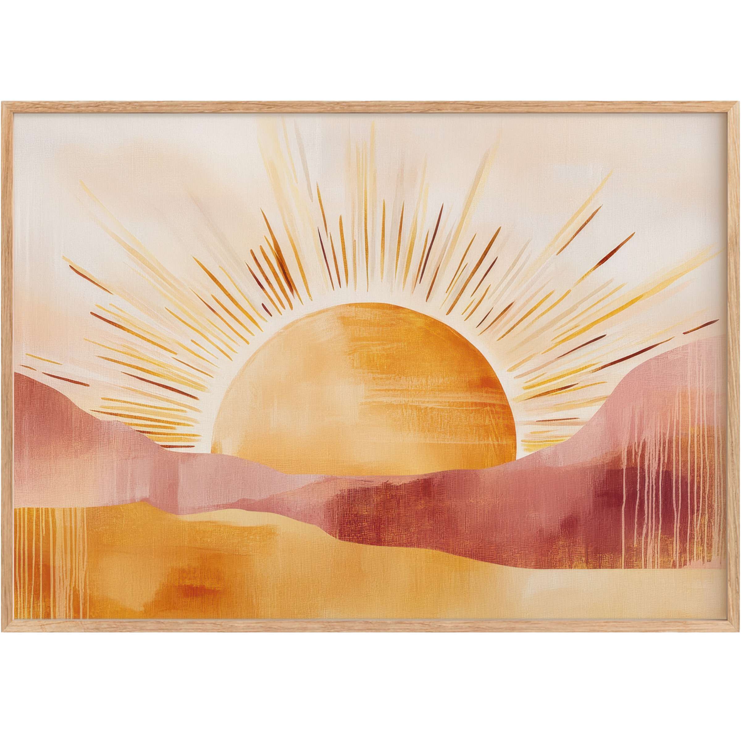 Radiant boho printable wall art featuring warm amber sunrays and soft terracotta hills, evoking serene sunset tranquility