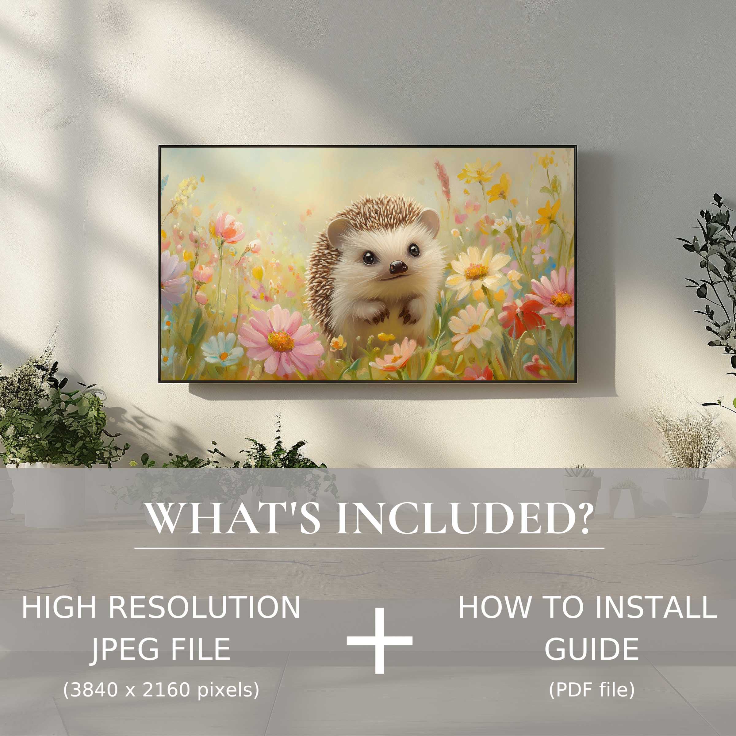 Charming nursery digital TV art download: easy, high-res hedgehog design that enriches stylish, modern living spaces elegantly