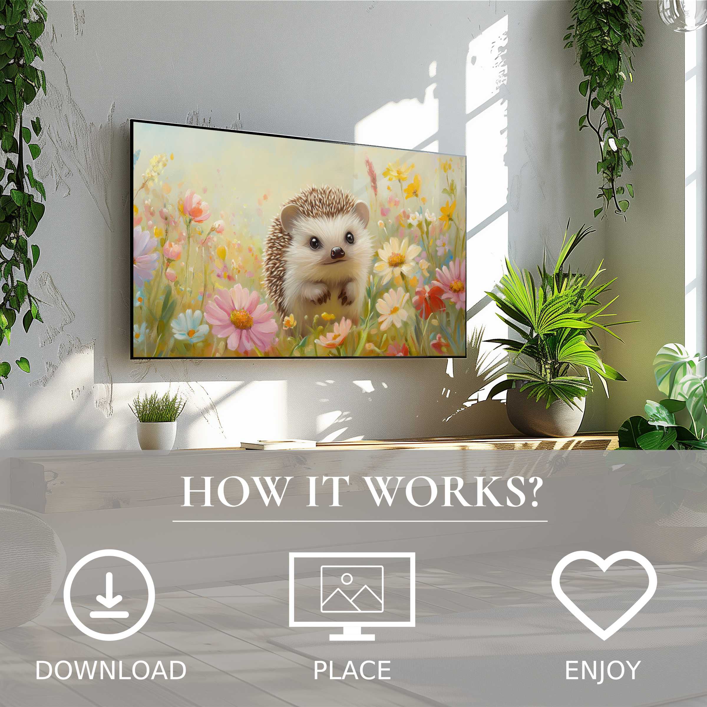 Nursery art for Samsung TV with digital download, featuring a soft floral field and cute hedgehog motif enriching any space