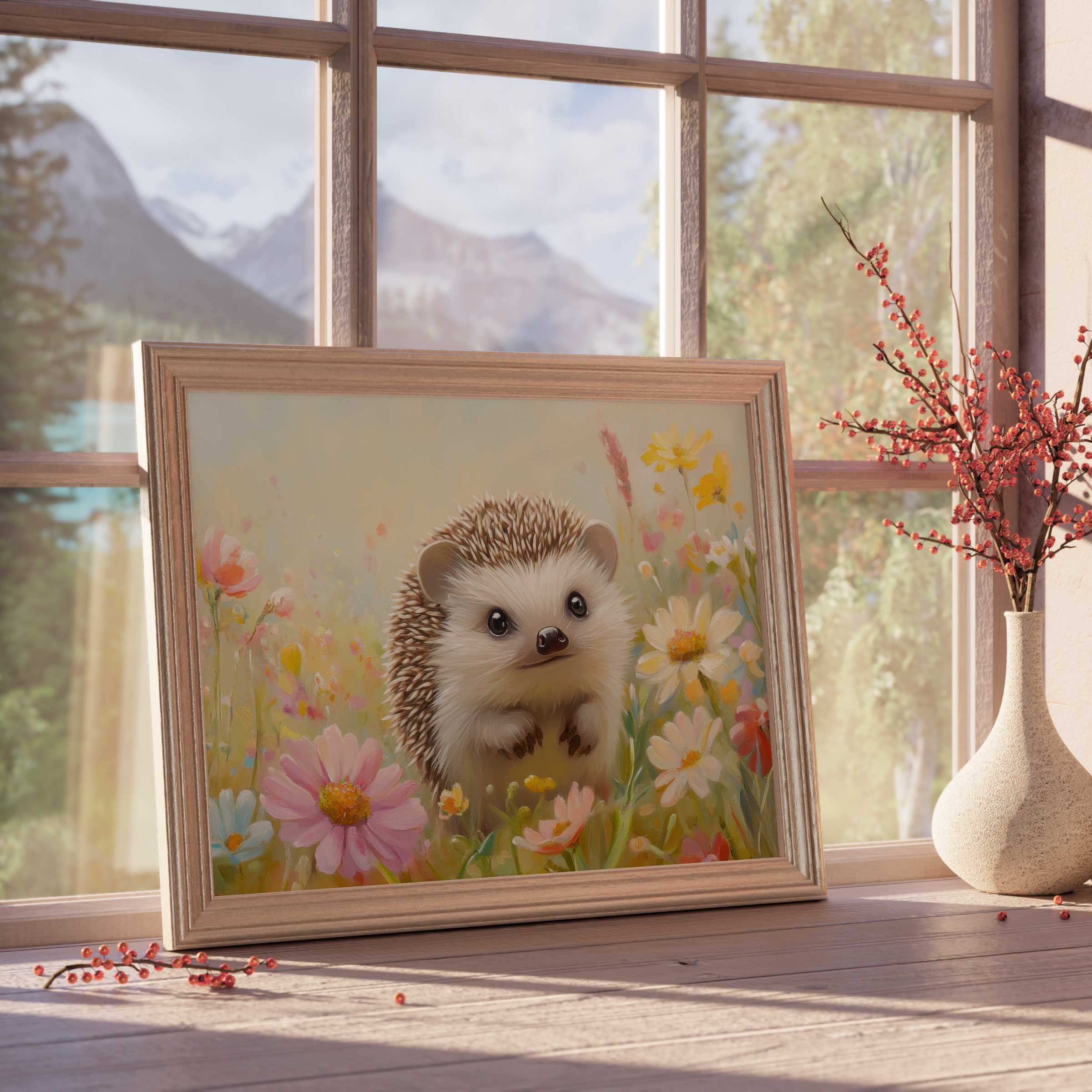 Charming nursery downloadable art featuring a whimsical hedgehog amid soft pastel blooms, elevating serene, curated interiors