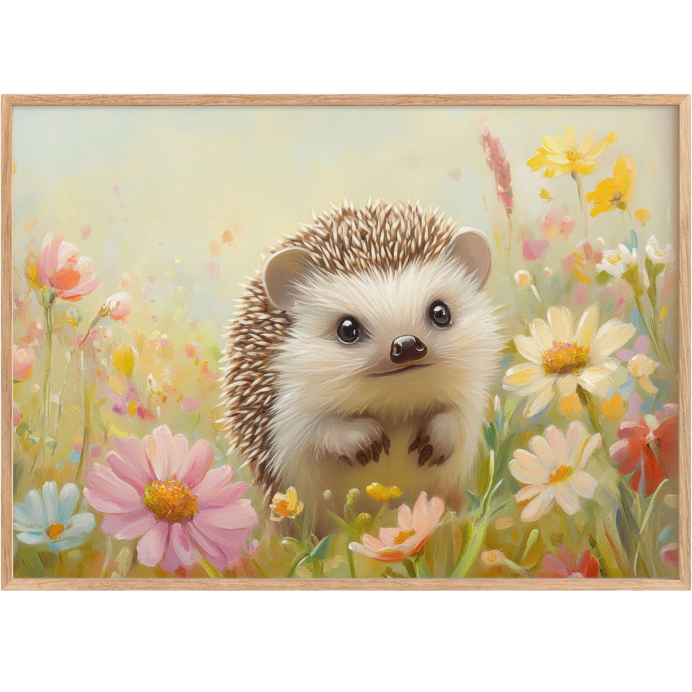 Enchanting nursery printable wall art featuring a wide-eyed hedgehog amidst soft pink, yellow, and cream blossoms, evoking a tender, serene atmosphere that adds warmth and charm to stylish interiors