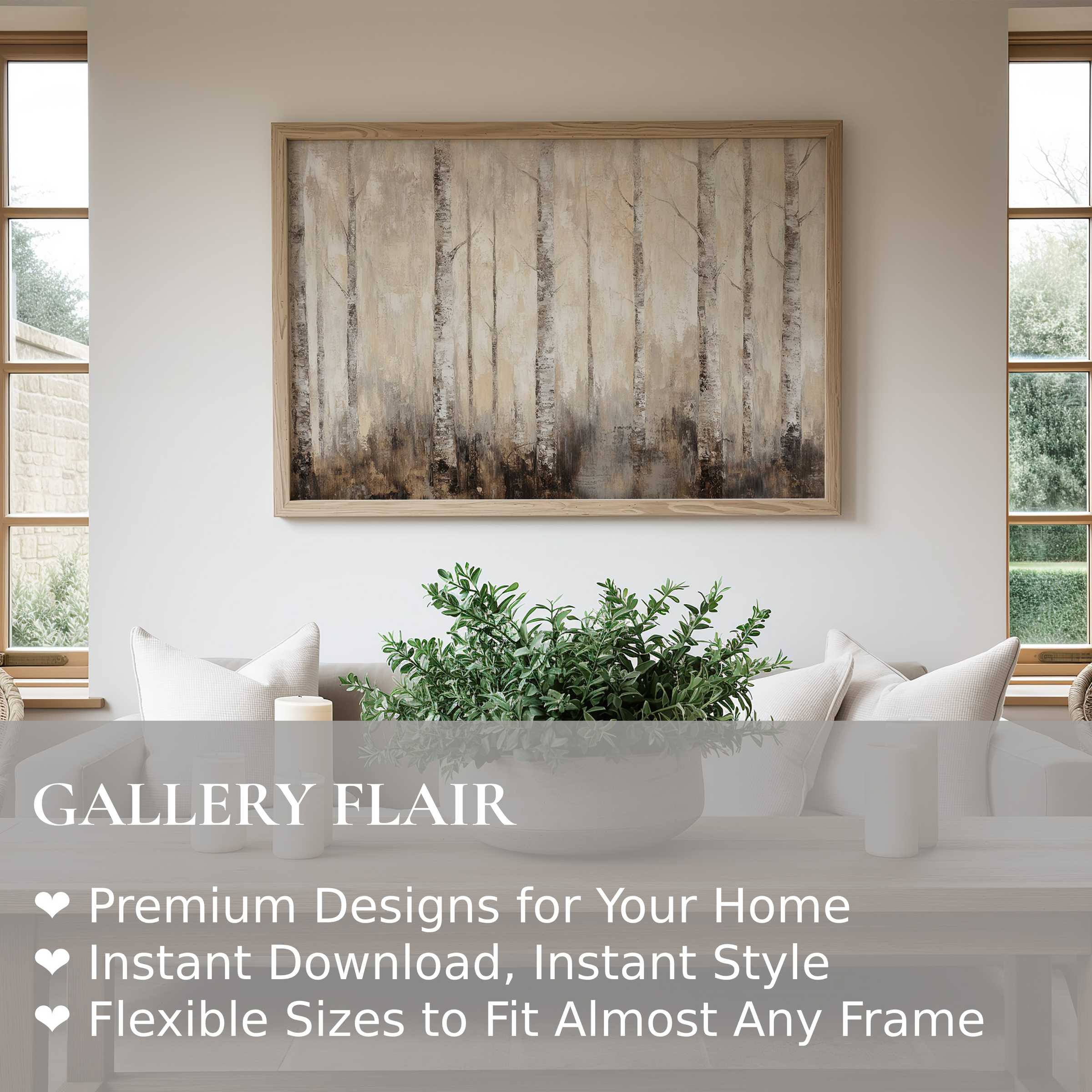 Vintage wall art print of serene birch forest in subtle neutrals, enhancing modern minimalist interiors with a calming, natural elegance and refined rustic charm