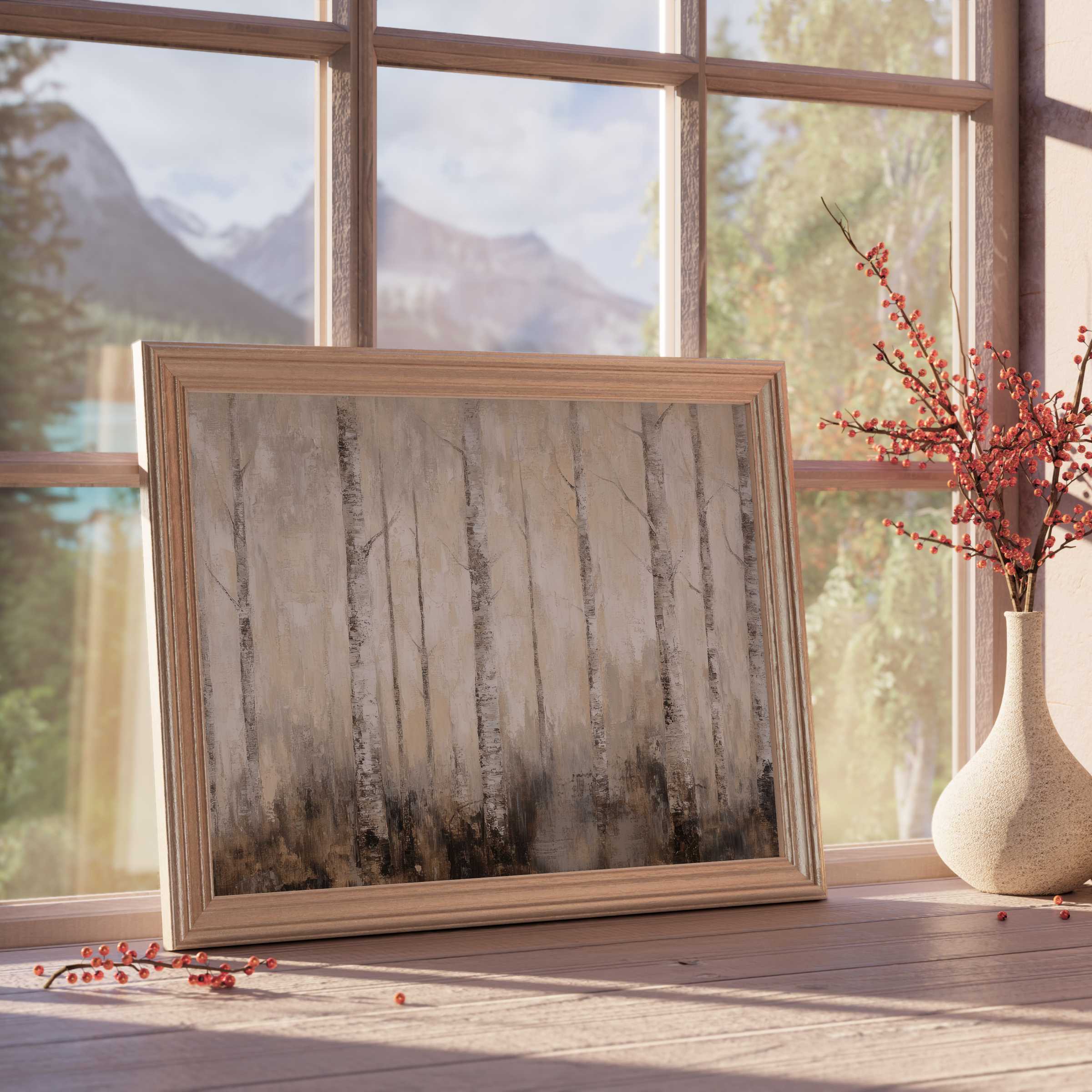 Vintage downloadable art depicting a serene birch forest, enhancing calm, curated interiors with warm, natural tones and timeless elegance
