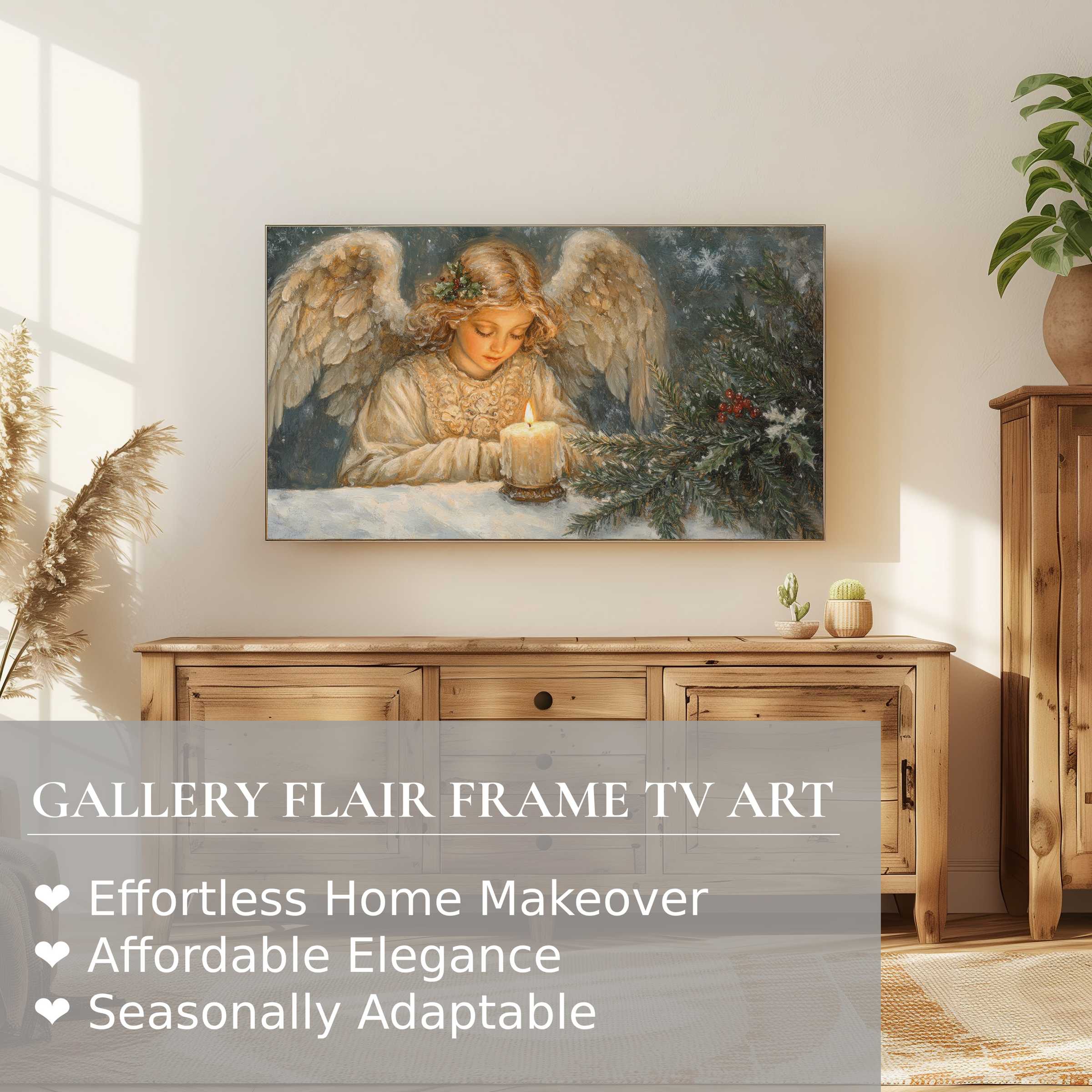 Refined christmas digital artwork of an angel by candlelight displayed on Samsung Frame TV in modern cozy room
