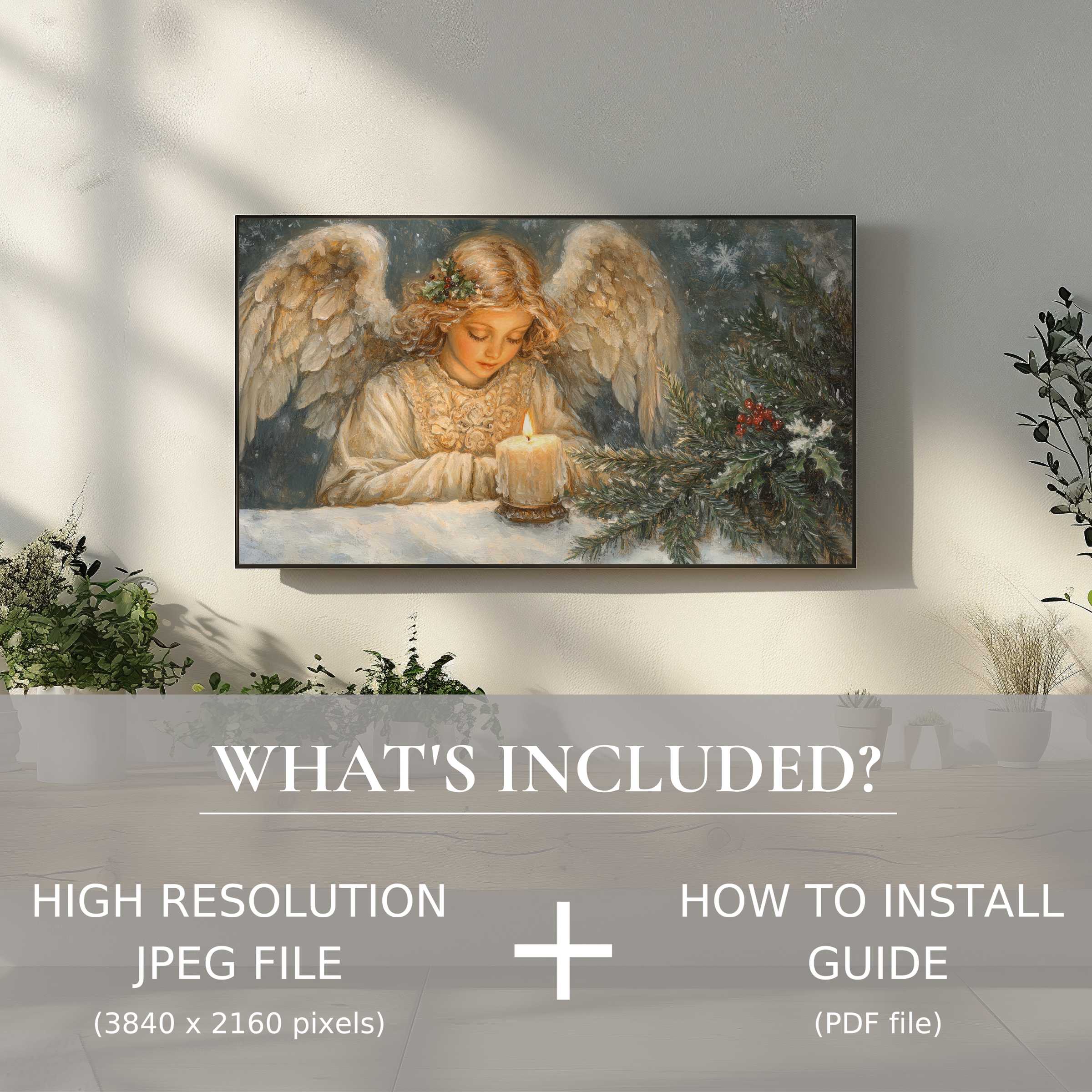 Elegant Christmas digital TV art download featuring serene angel; easy digital use enhances chic living spaces