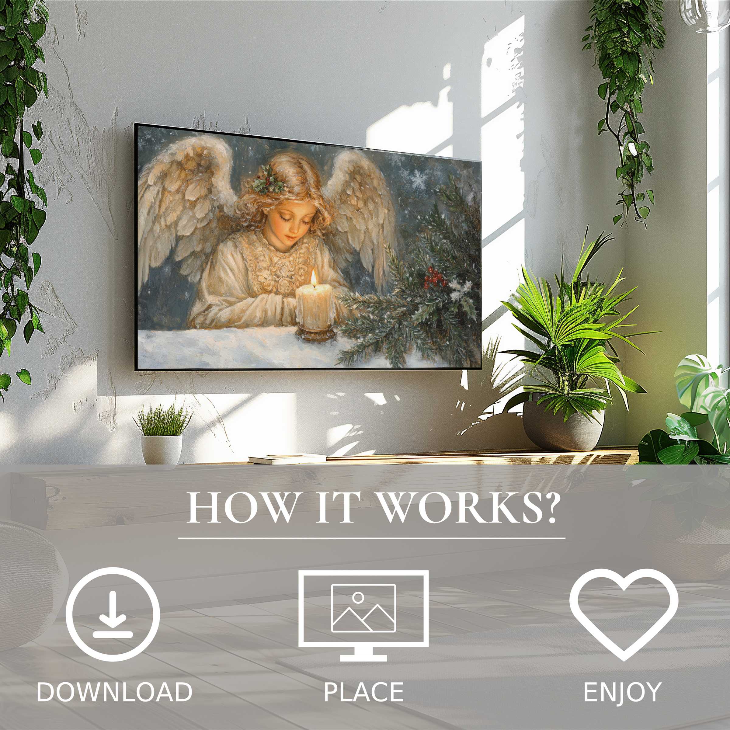 Elegant christmas art for Samsung TV shows soft candlelight angel motif, easy digital download enriches bright living space