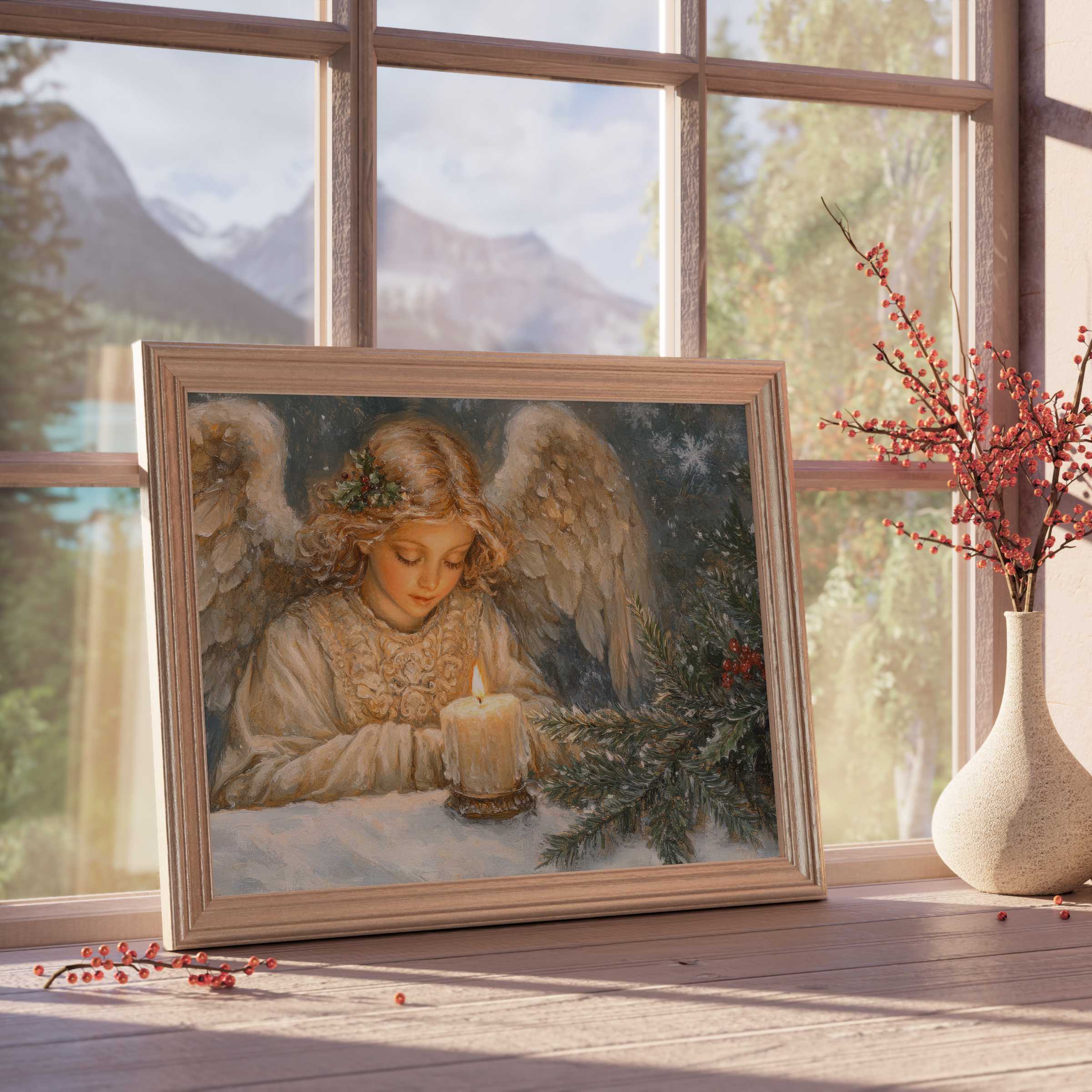 Christmas downloadable art featuring a serene angel by candlelight, enhancing tranquil, design-forward interiors with warm holiday charm and elegant festive decor