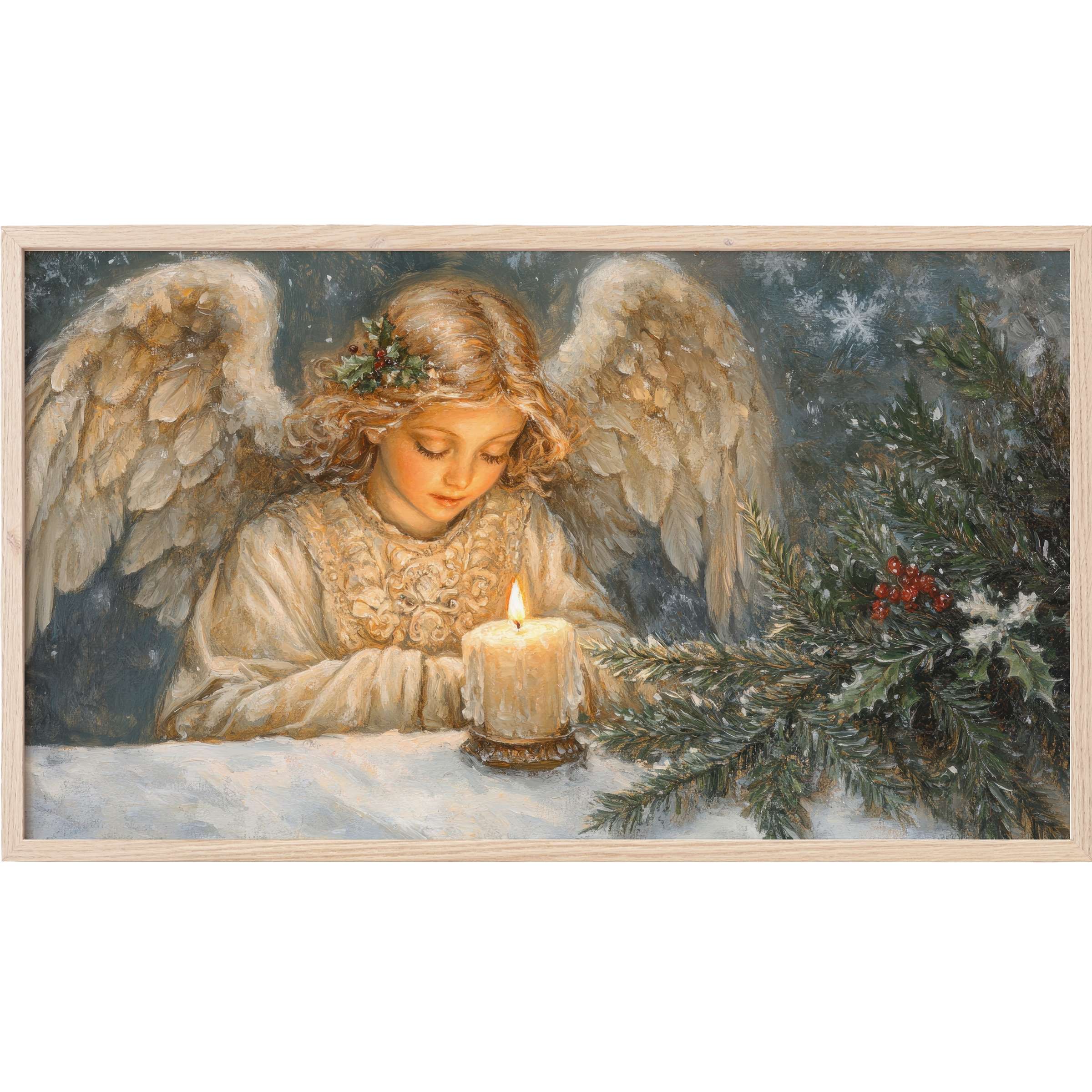 Elegant christmas Frame TV Art of a serene angel glowing by candlelight in muted gold, green, and soft blue tones