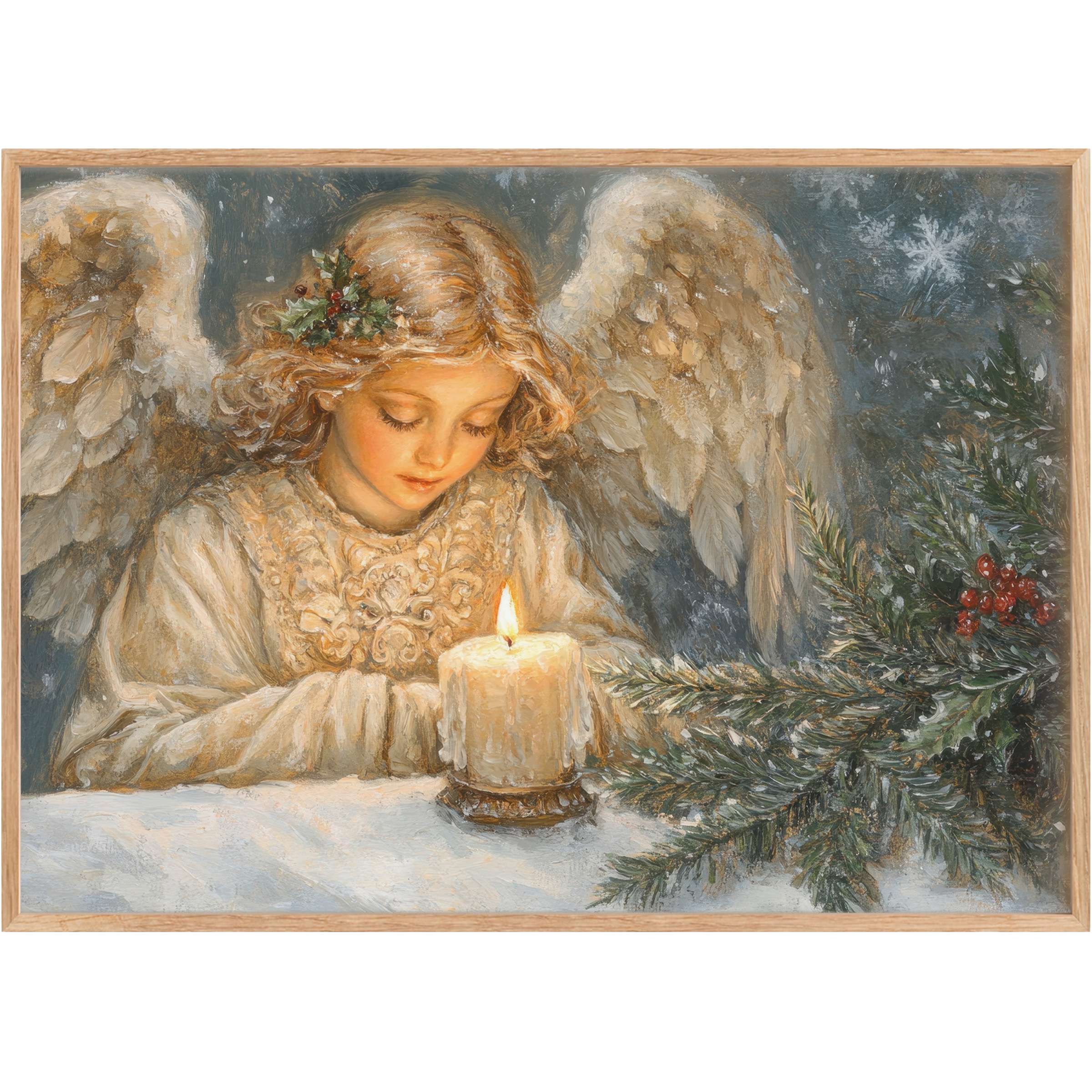 Graceful angel bathed in warm candlelight, surrounded by deep greens and soft golds, elevates any space with serene charm Christmas printable wall art