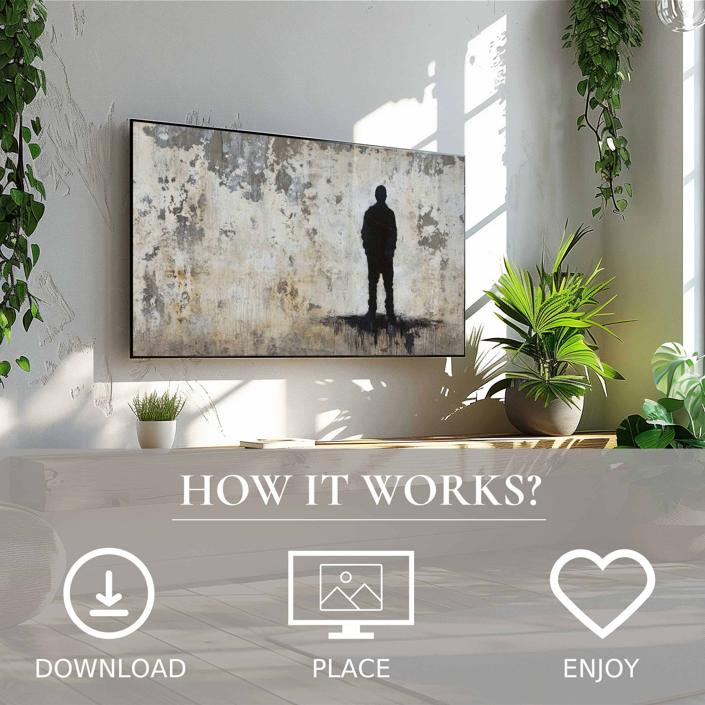 Urban street art for Samsung TV shows a lone silhouette in muted tones, easily downloaded to enrich your space