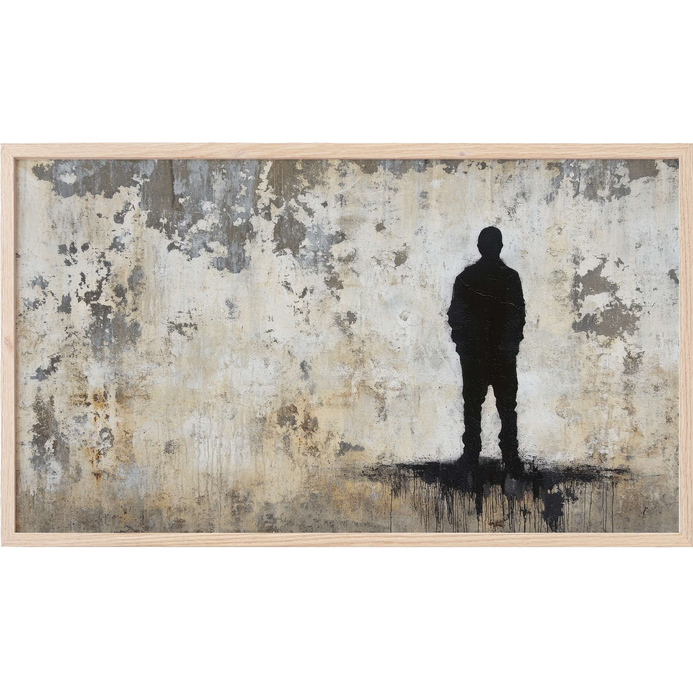 Minimalist silhouette in black stands against textured beige and gray tones, perfect street art Frame TV Art