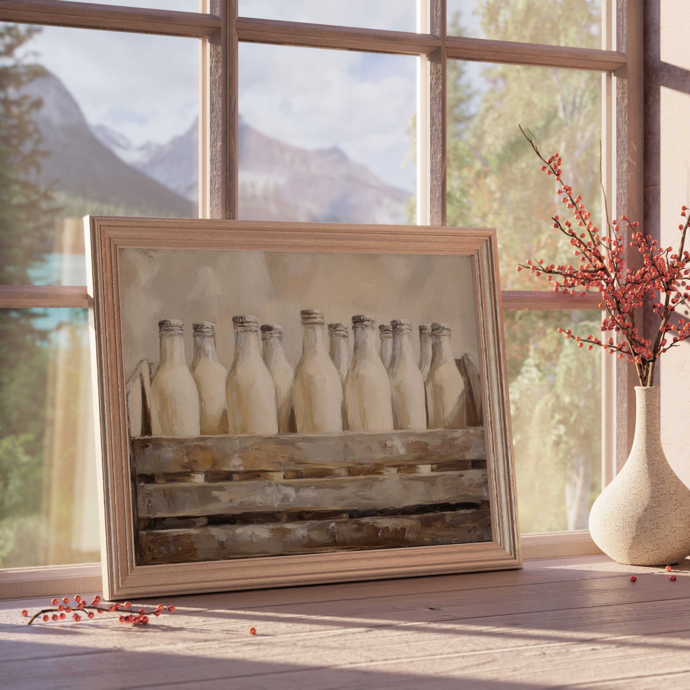 Farmhouse downloadable art capturing serene rustic charm with vintage milk bottles, perfect for curated, tranquil interiors