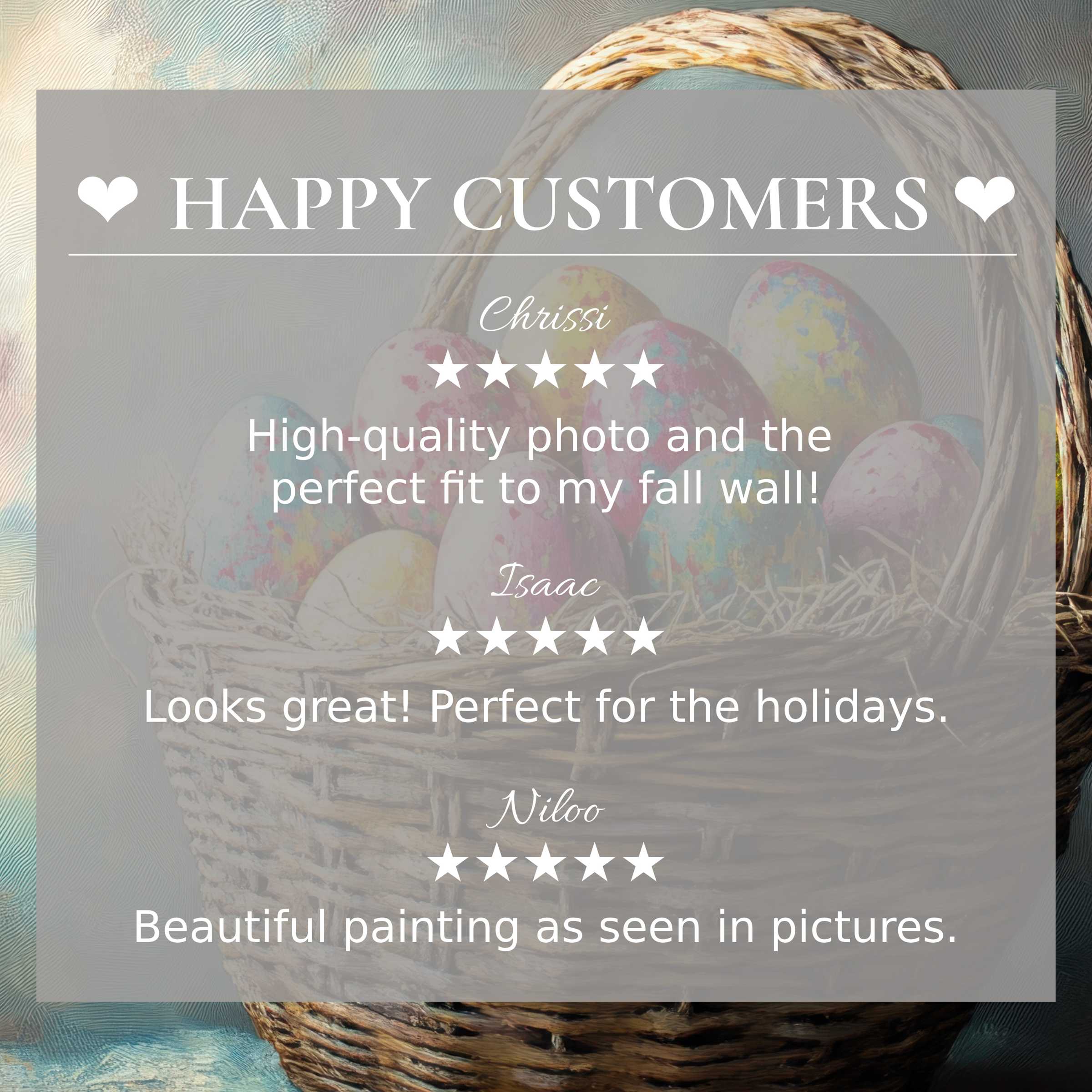 Easter art for Frame TV with abstract sunset hues, showcasing happy customer reviews and elegant trusted design