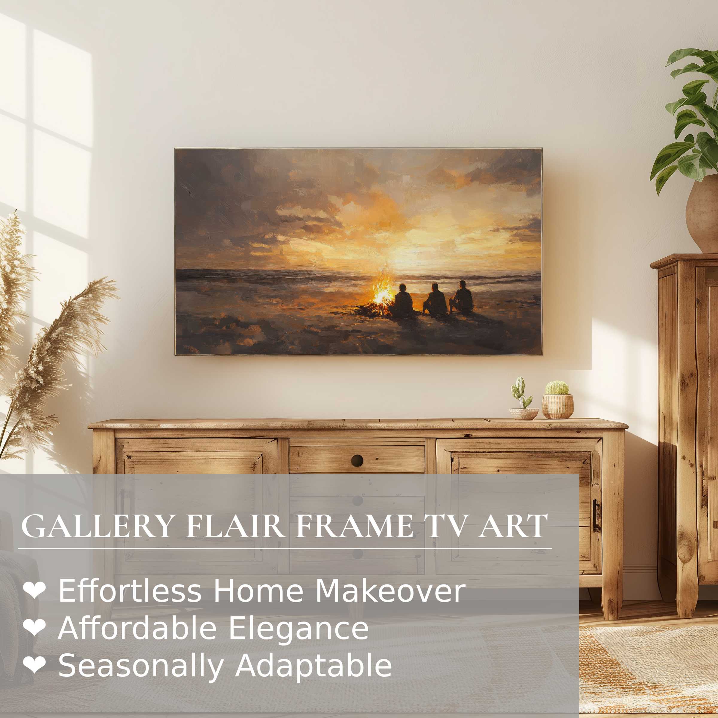 Samsung Frame TV displays coastal digital artwork of a serene beach bonfire, enhancing elegant, modern living spaces