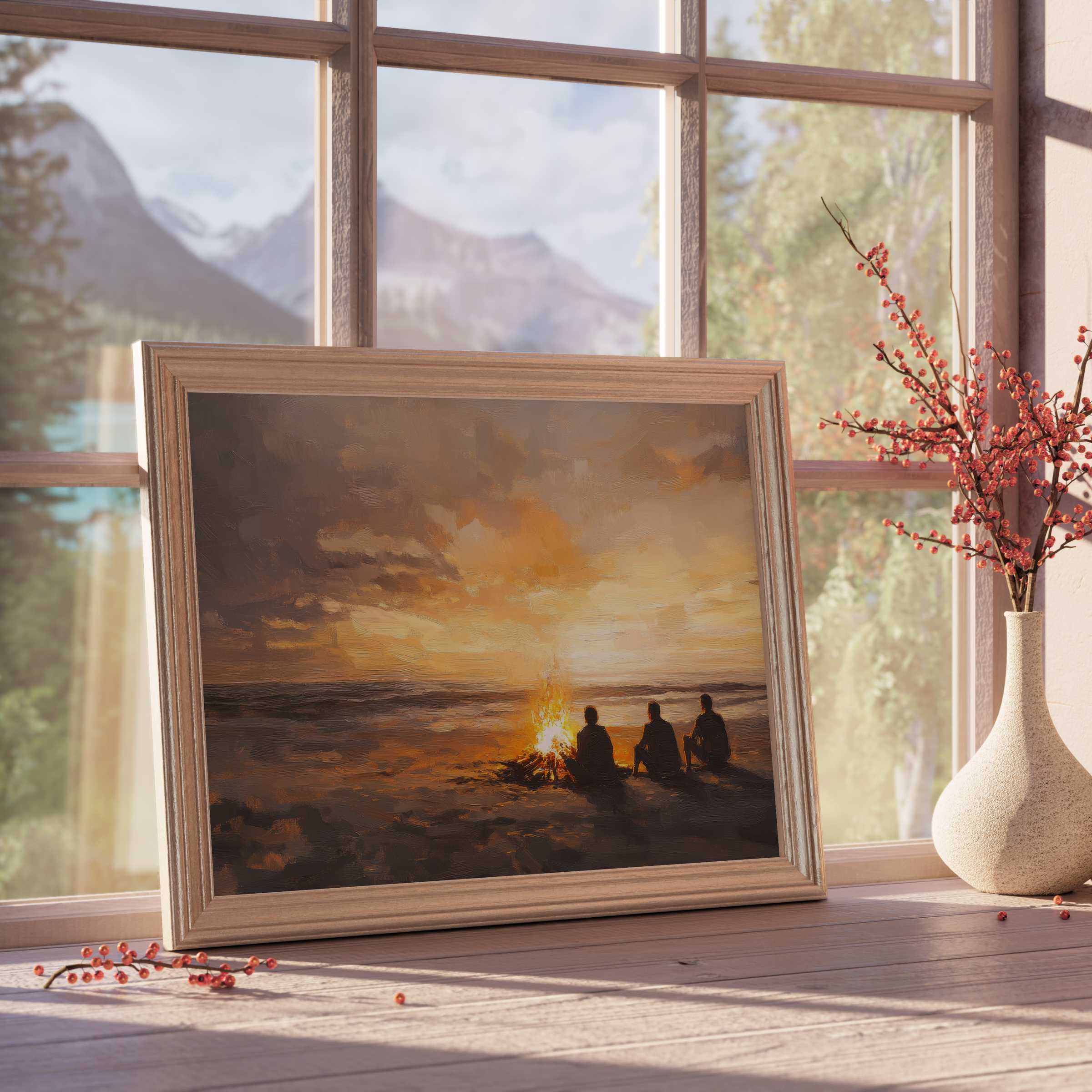 Coastal downloadable art capturing a calm beach bonfire at sunset, infusing serene warmth into curated modern interiors