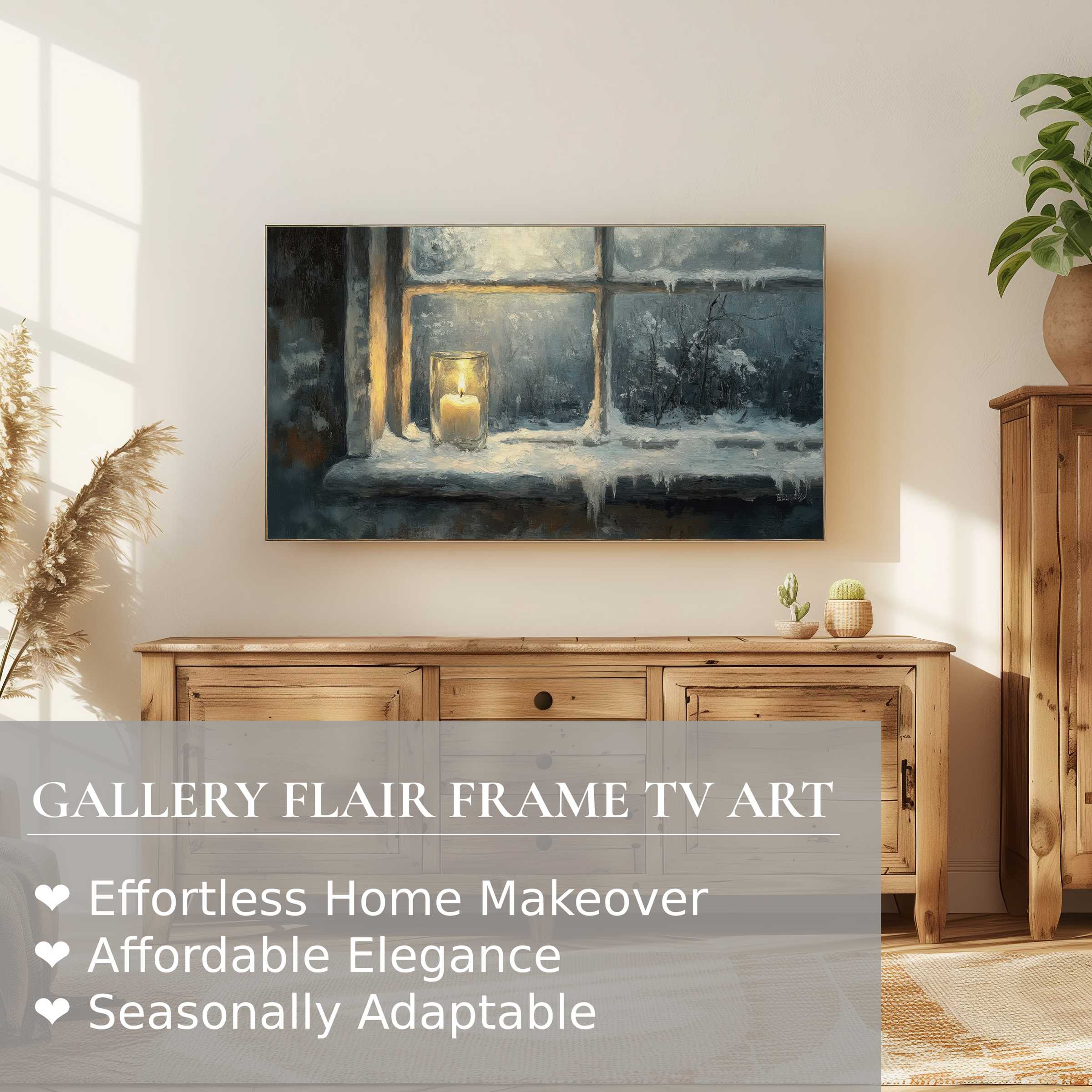 Modern rustic living room featuring Samsung Frame TV with serene winter digital artwork of a candlelit frosty window