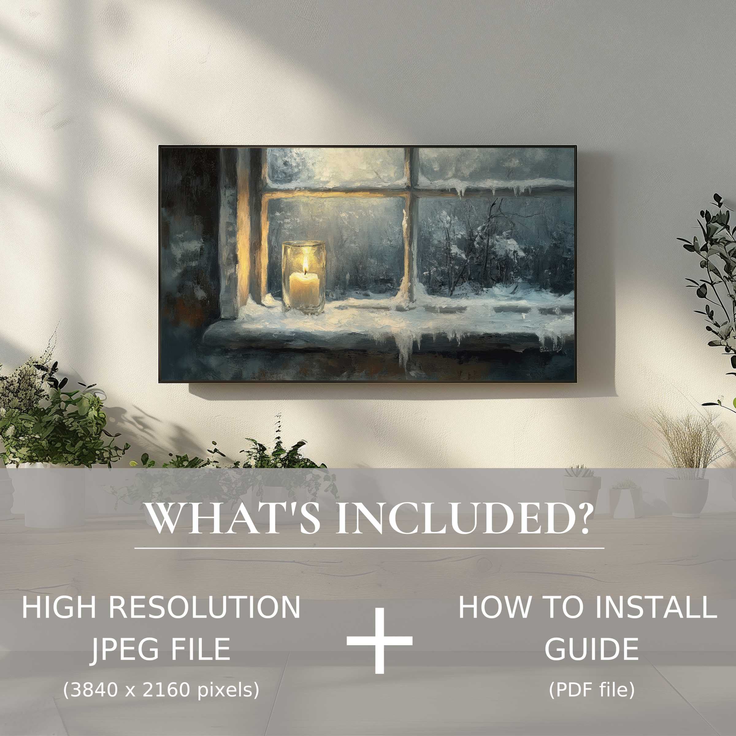 Elegant winter digital TV art download with warm candle glow, enhancing spaces via easy digital use and modern style