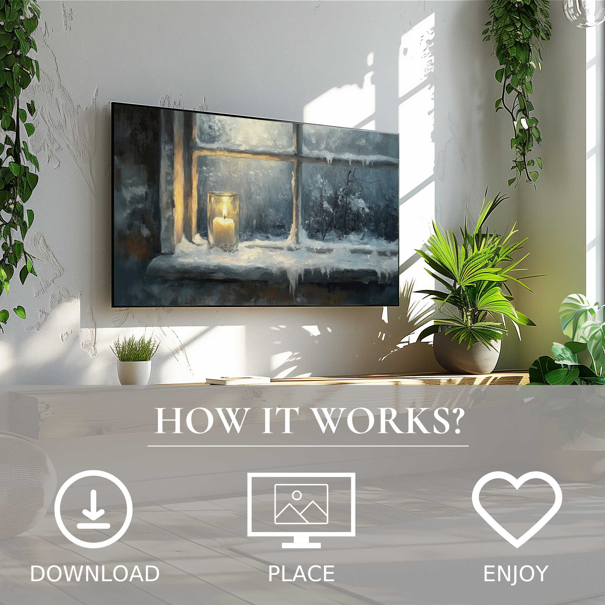 Winter art for Samsung TV shows a glowing candle on frosty window; easy digital download enhances modern living spaces