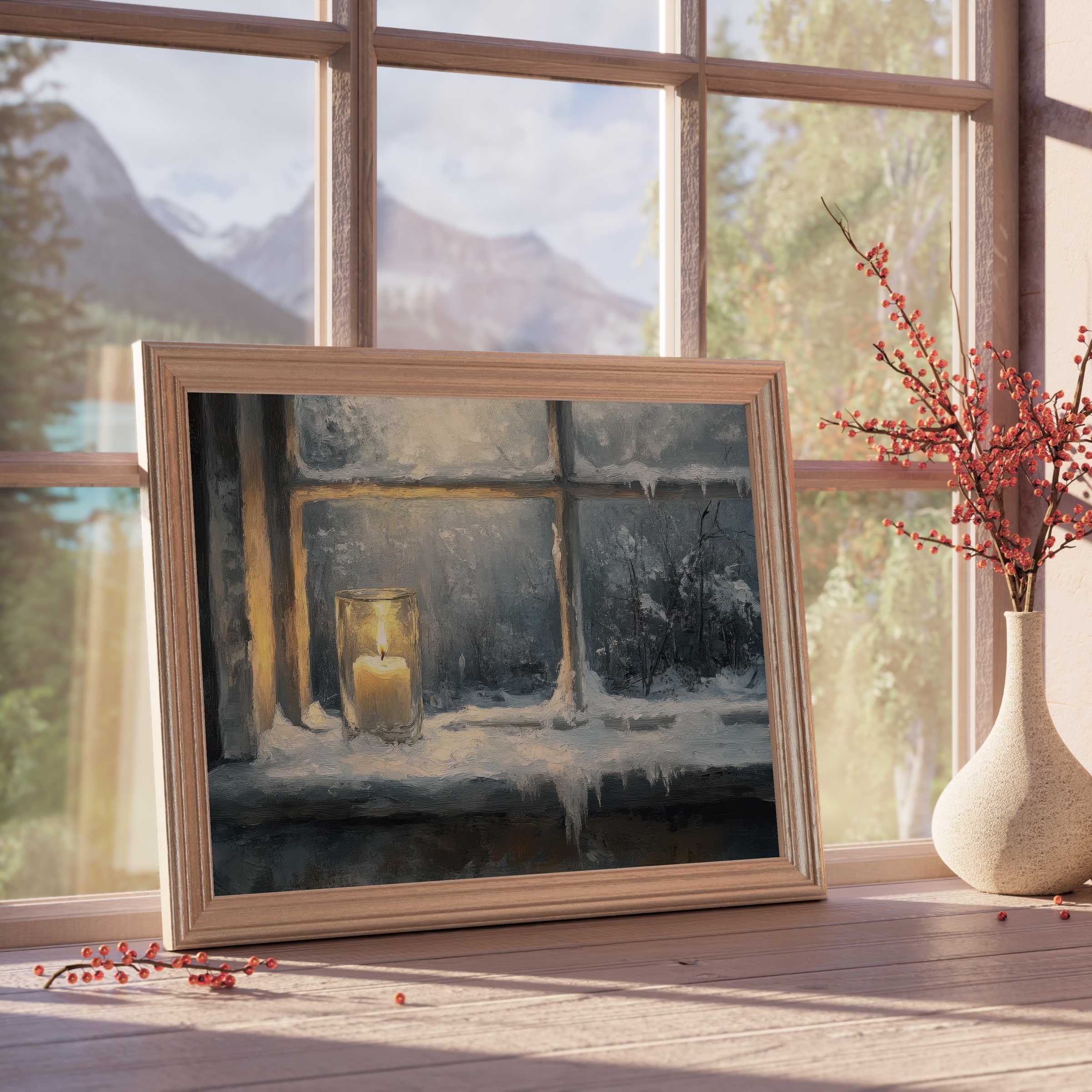 Winter downloadable art featuring a glowing candle on a frosted window, evoking calm warmth in curated, tranquil interiors