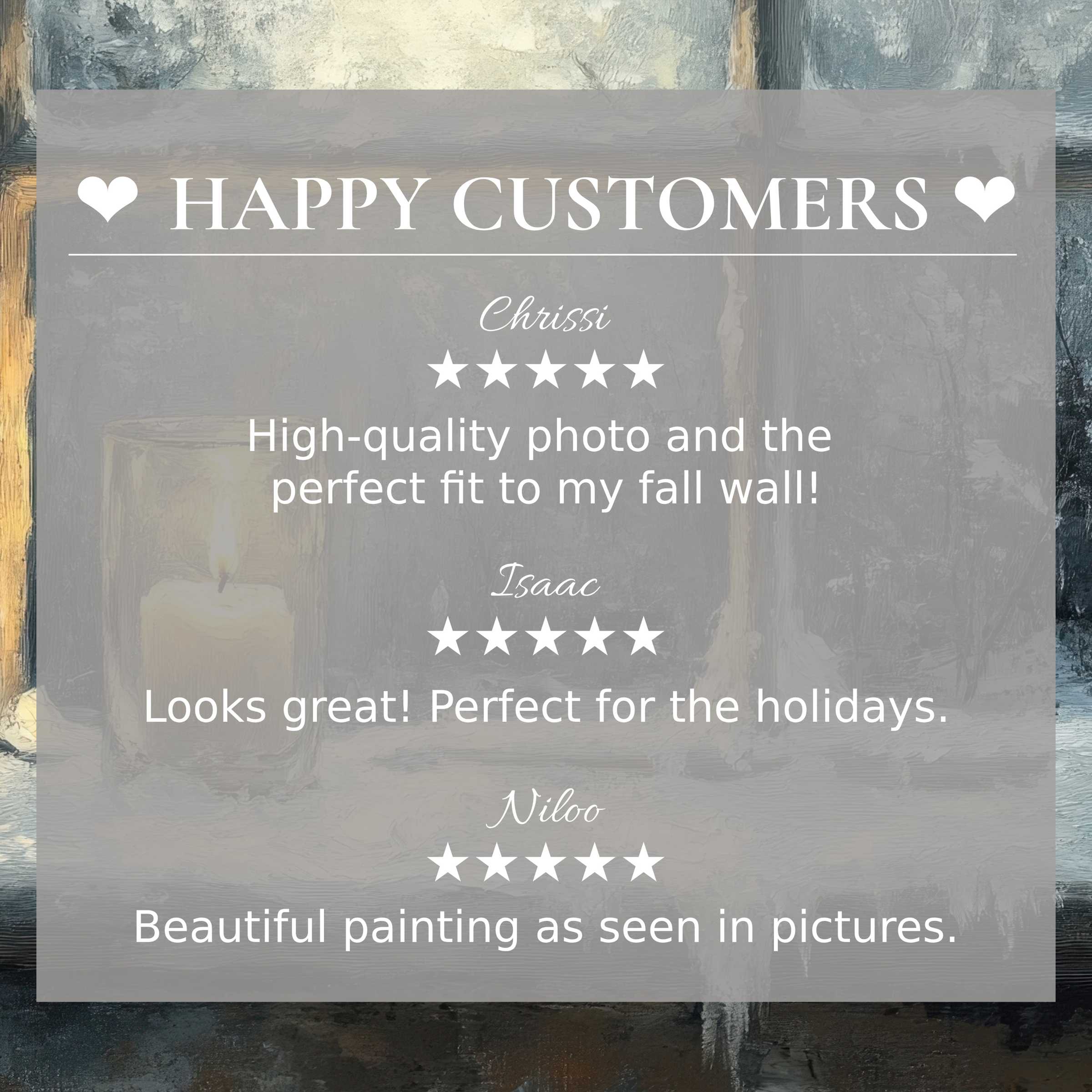 Winter art for Frame TV with abstract candlelit scene; happy customer reviews build trust with refined, elegant appeal
