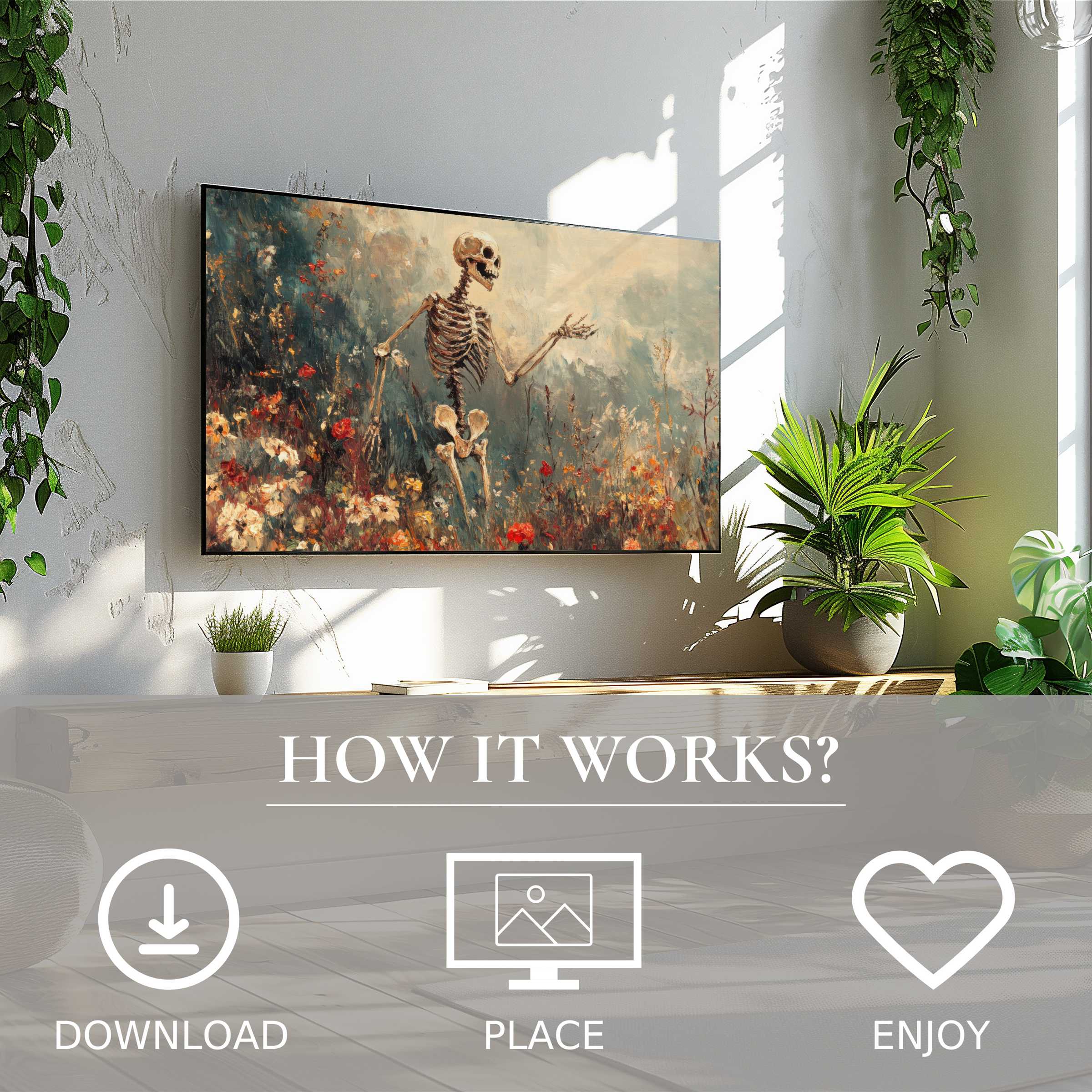 Minimalist living room with easy digital download; halloween art for Samsung TV shows warm sunset tones and floral color flow