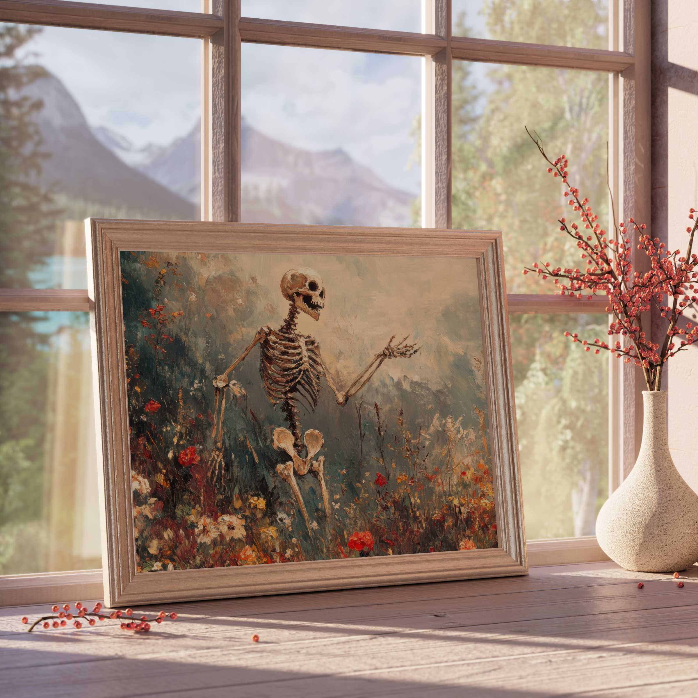 Halloween downloadable art featuring an elegant skeleton amid vibrant wildflowers, adding a warm, curated touch to tranquil, design-forward spaces