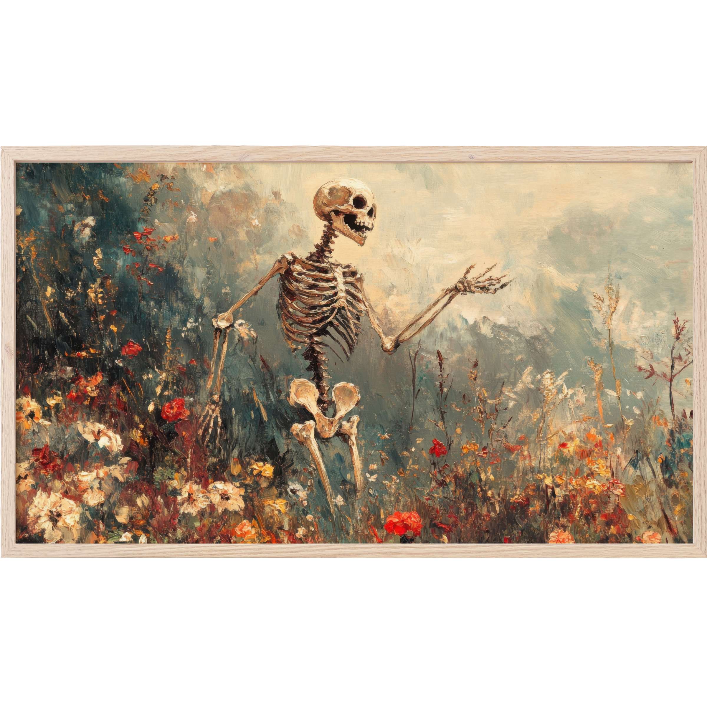 Halloween Frame TV Art featuring a skeletal figure amidst vibrant autumnal florals in rich, moody brushstrokes