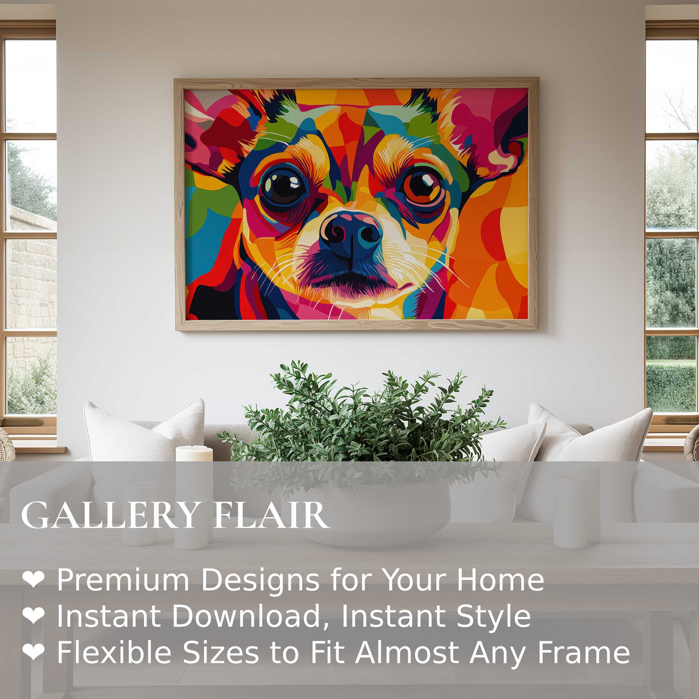 Vibrant pop art wall art print of a colorful Chihuahua, energizing a modern minimalist living room with bold, joyful hues and playful charm