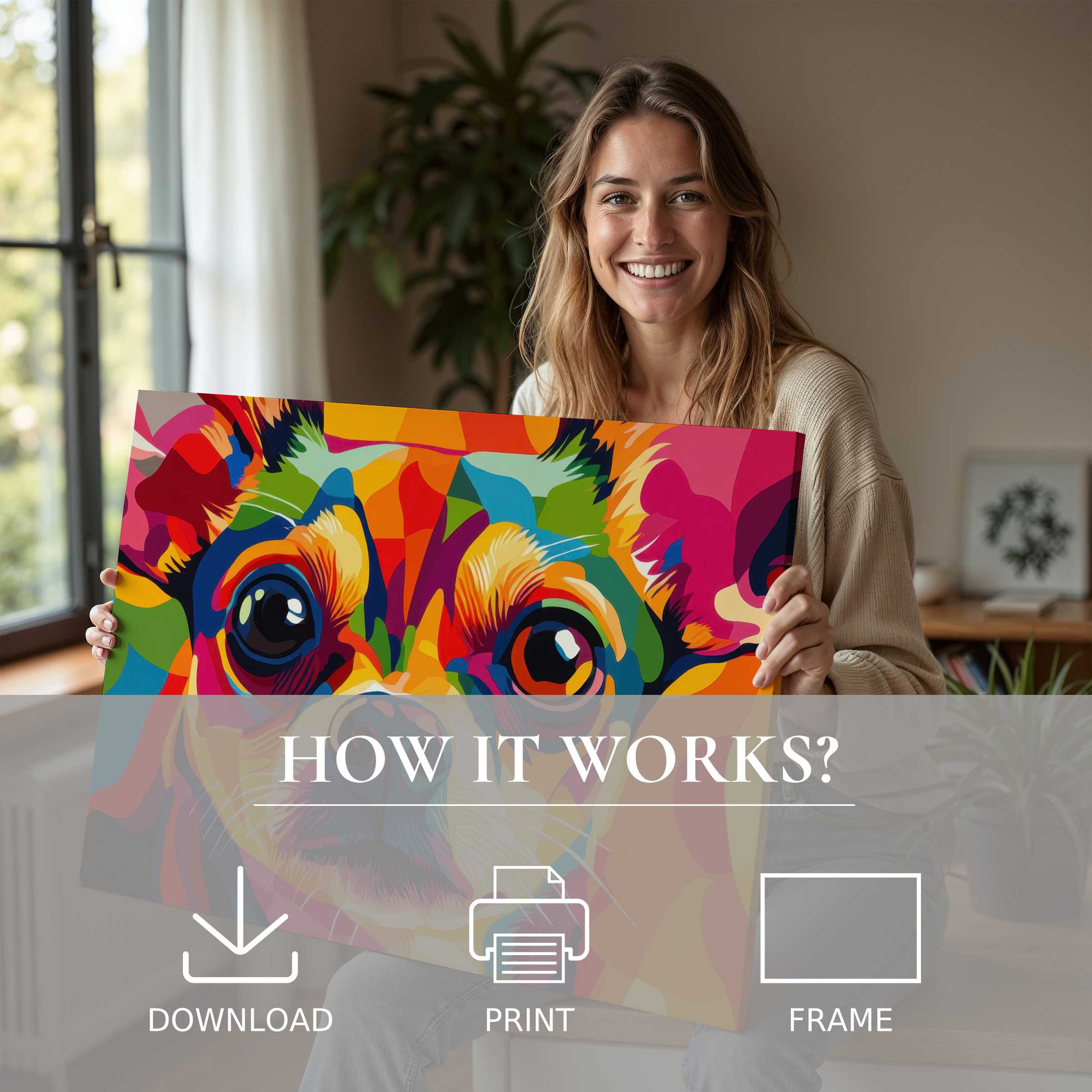 A serene moment of connection and joy in a modern home, showcasing vibrant pop art digital art print’s effortless elegance