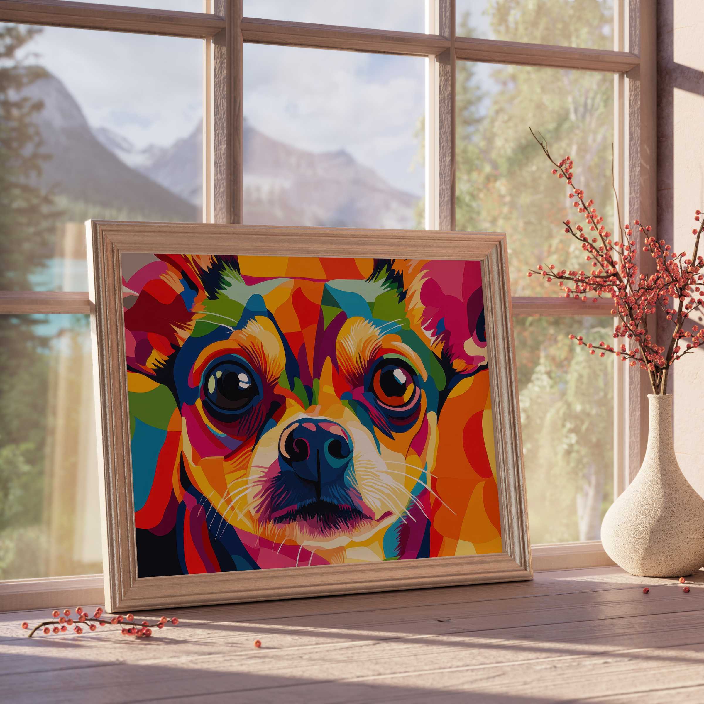 Vibrant pop art downloadable art of a chihuahua’s soulful gaze, enlivening curated interiors with bold, joyful color play