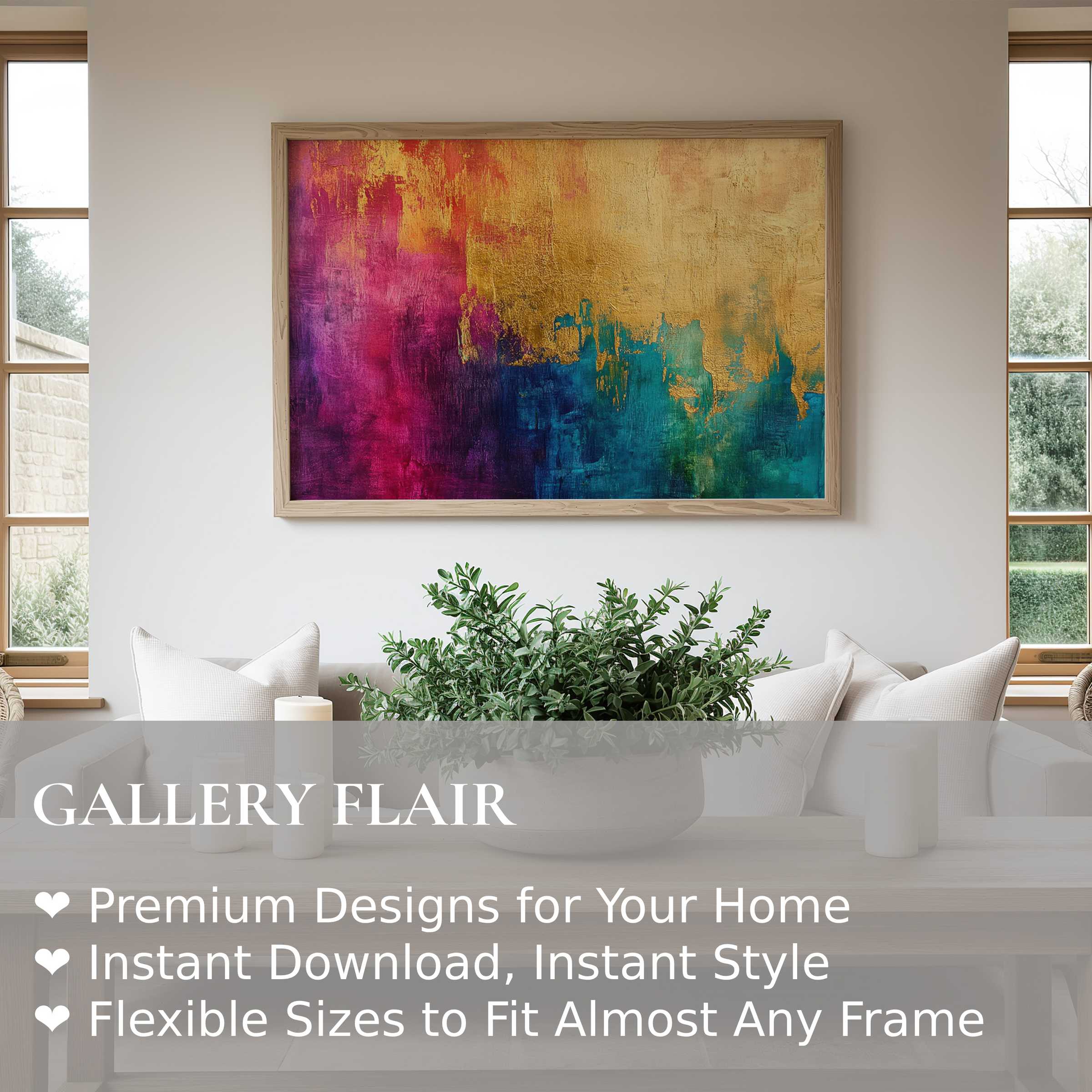 Abstract wall art print with bold gold, teal, and magenta hues enhances modern minimalist interiors with vibrant, radiant energy and gallery elegance