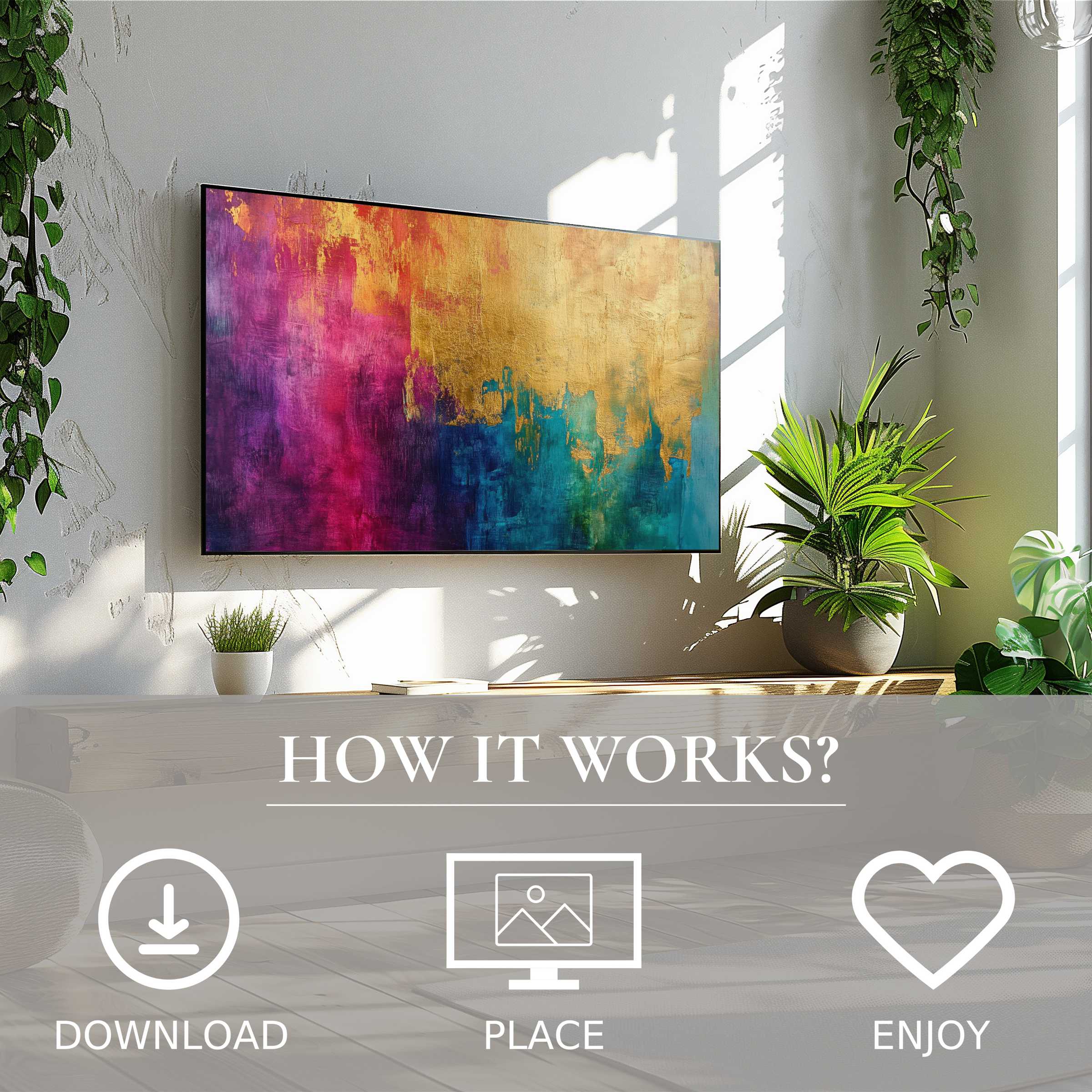 Abstract art for Samsung TV with vibrant gold, pink, and teal color flow, easy digital download enriches modern living spaces