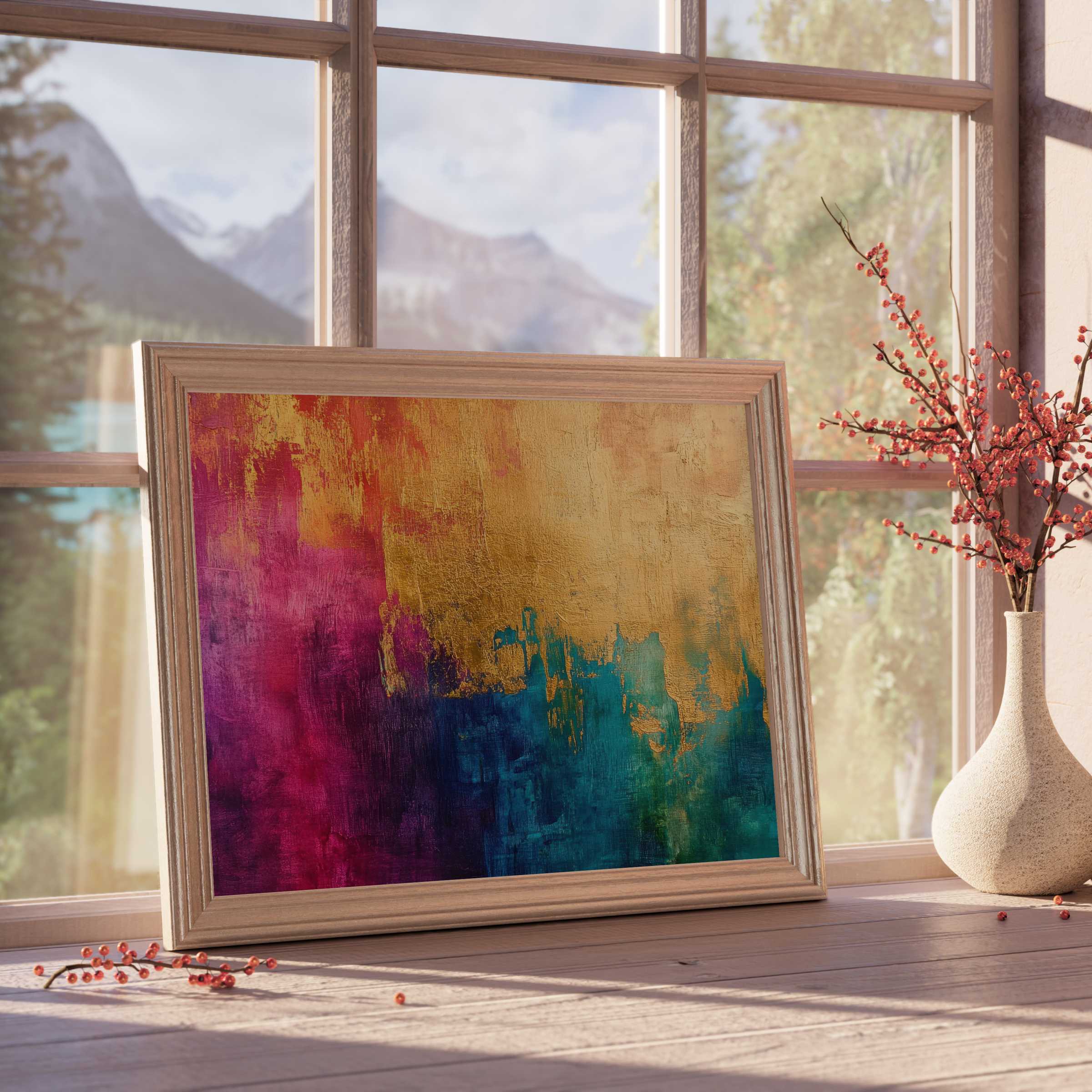 Abstract downloadable art in vibrant gold, magenta, and teal hues, enriching serene, design-forward interiors with warm, curated elegance