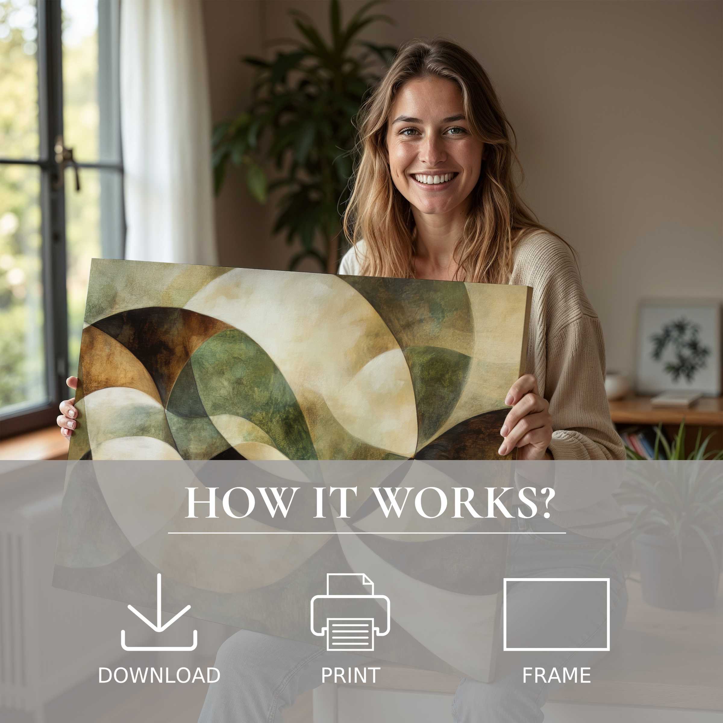 Radiant woman in a stylish home embraces a modern digital art print, evoking warmth and effortless beauty in living with art