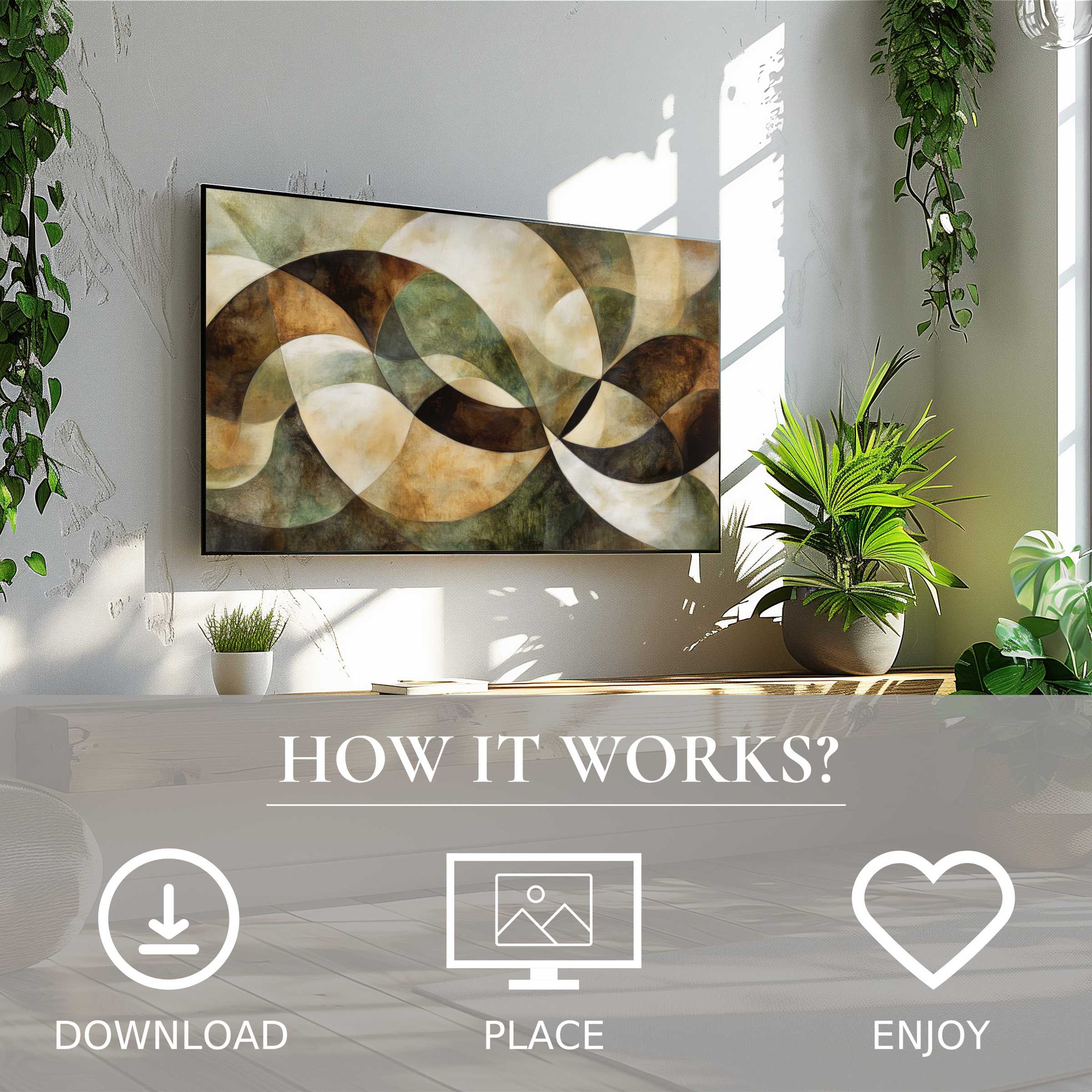 Modern art for Samsung TV: abstract soft earth tones motif, easy digital download, enriches serene living space decor