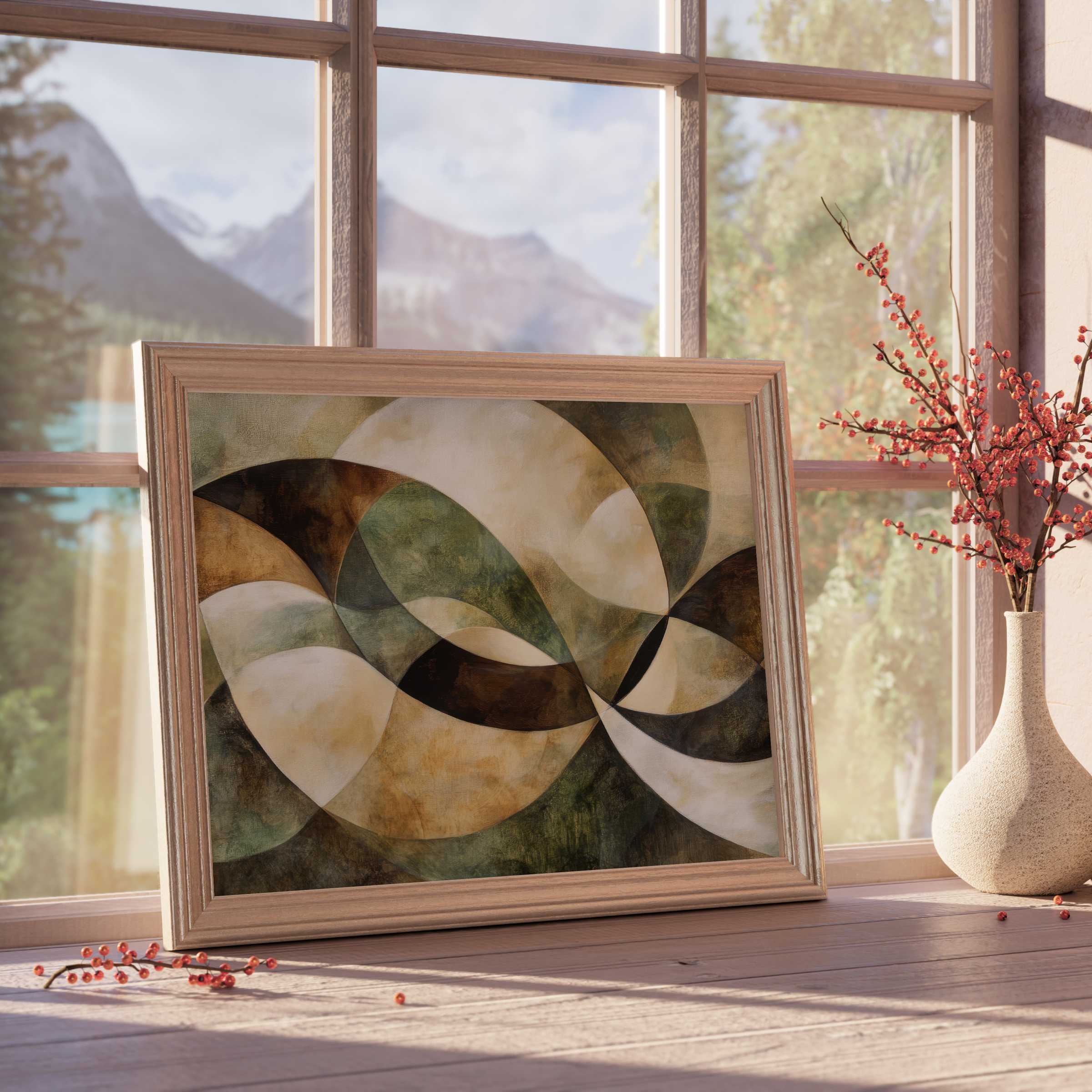 Modern downloadable art featuring flowing abstract curves in earthy tones, enhancing tranquil, curated interiors with warm, organic elegance