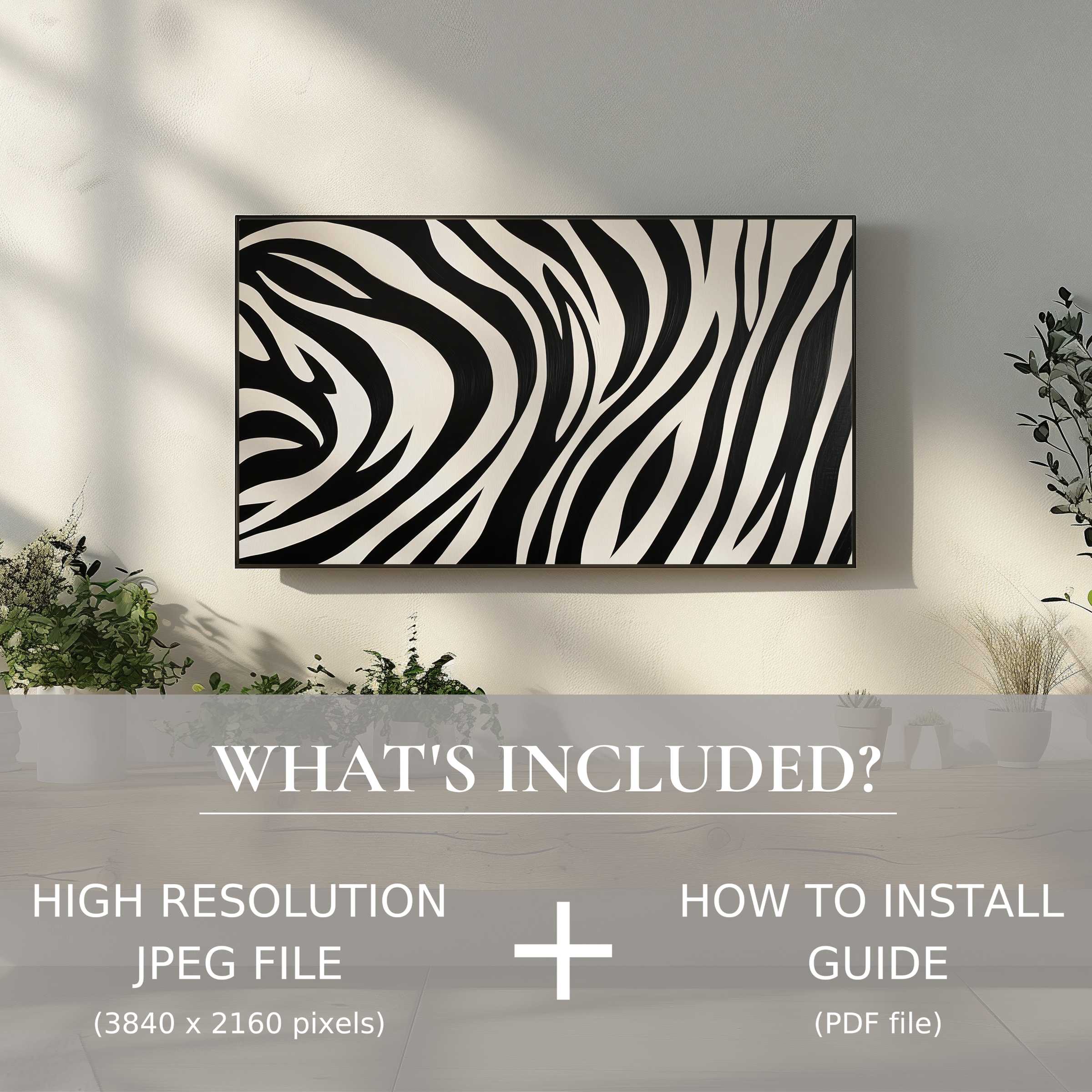 Elegant black and white digital TV art download enhances modern living spaces with easy digital use and striking zebra stripes
