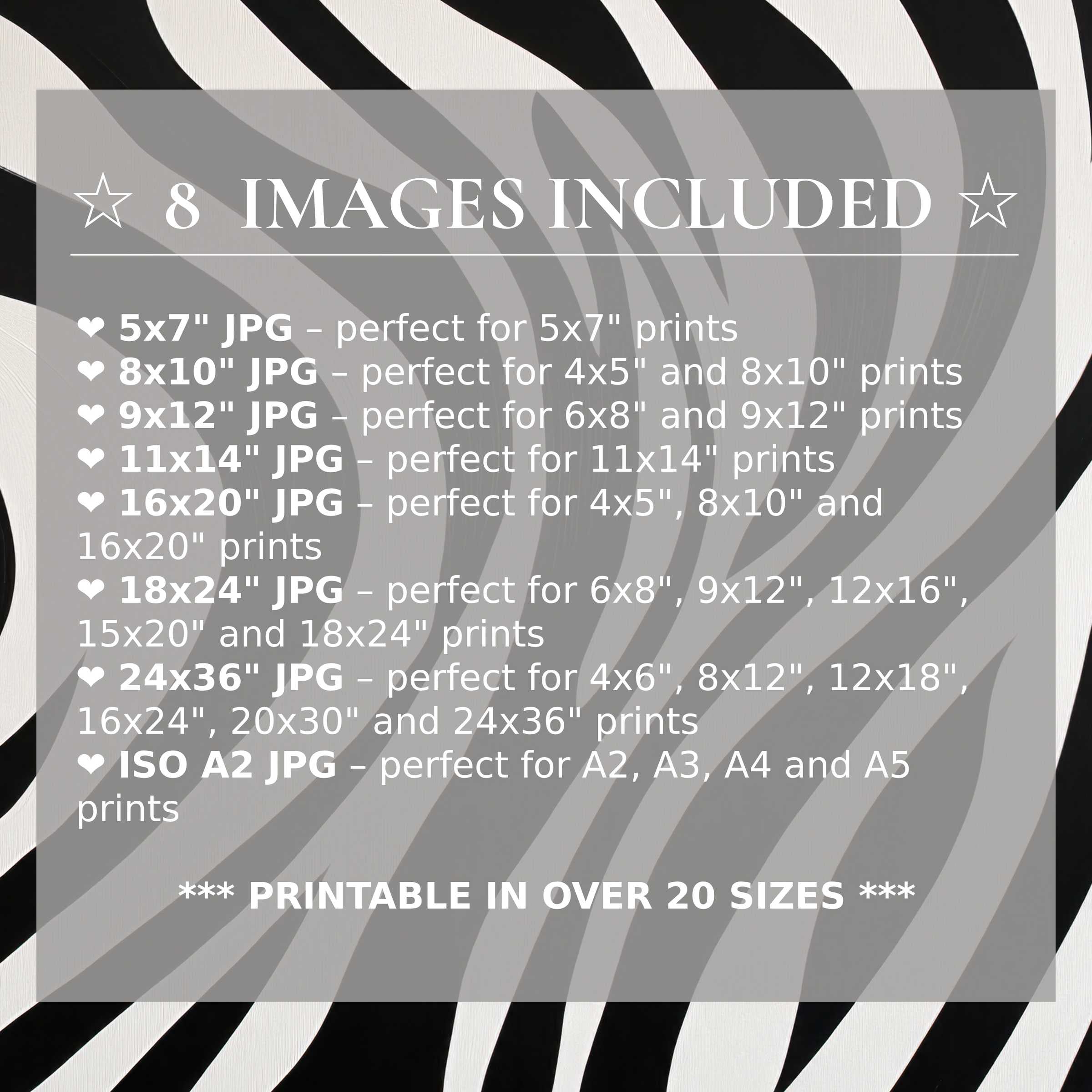 Black and white digital print radiates bold, striking contrast and timeless elegance, included in 8 high-quality sizes to effortlessly elevate modern interiors with refined style and versatile appeal