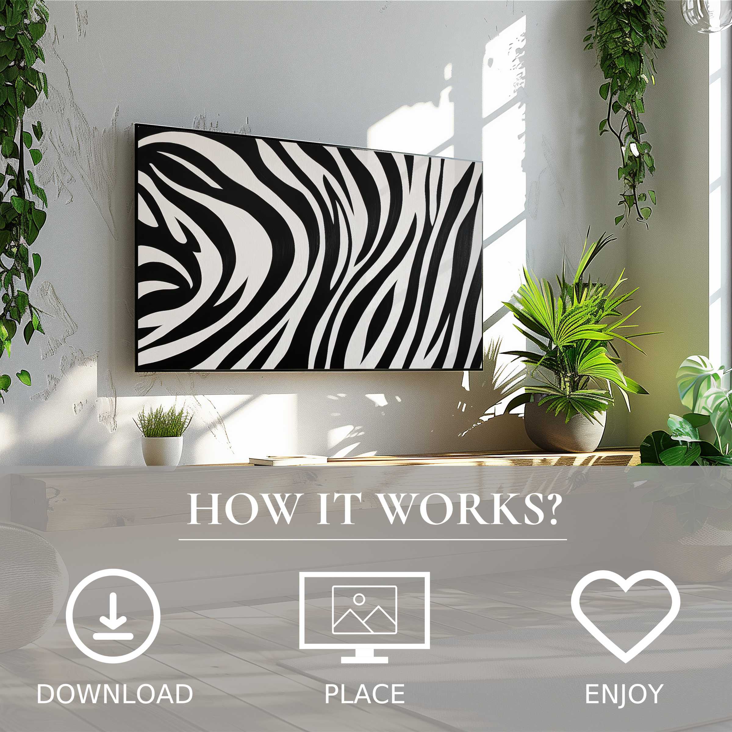 Modern living room with black and white art for Samsung TV; bold zebra stripes enhance space via easy digital download