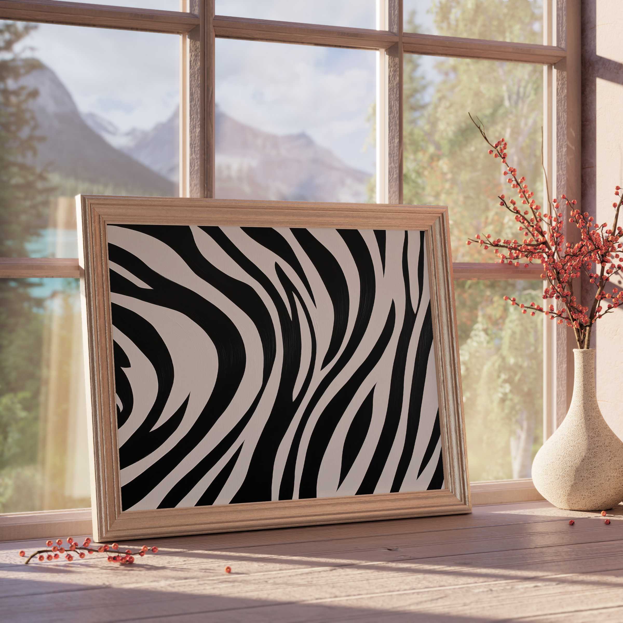 Black and white downloadable art with fluid zebra stripes, perfect for elevating tranquil, curated modern interiors