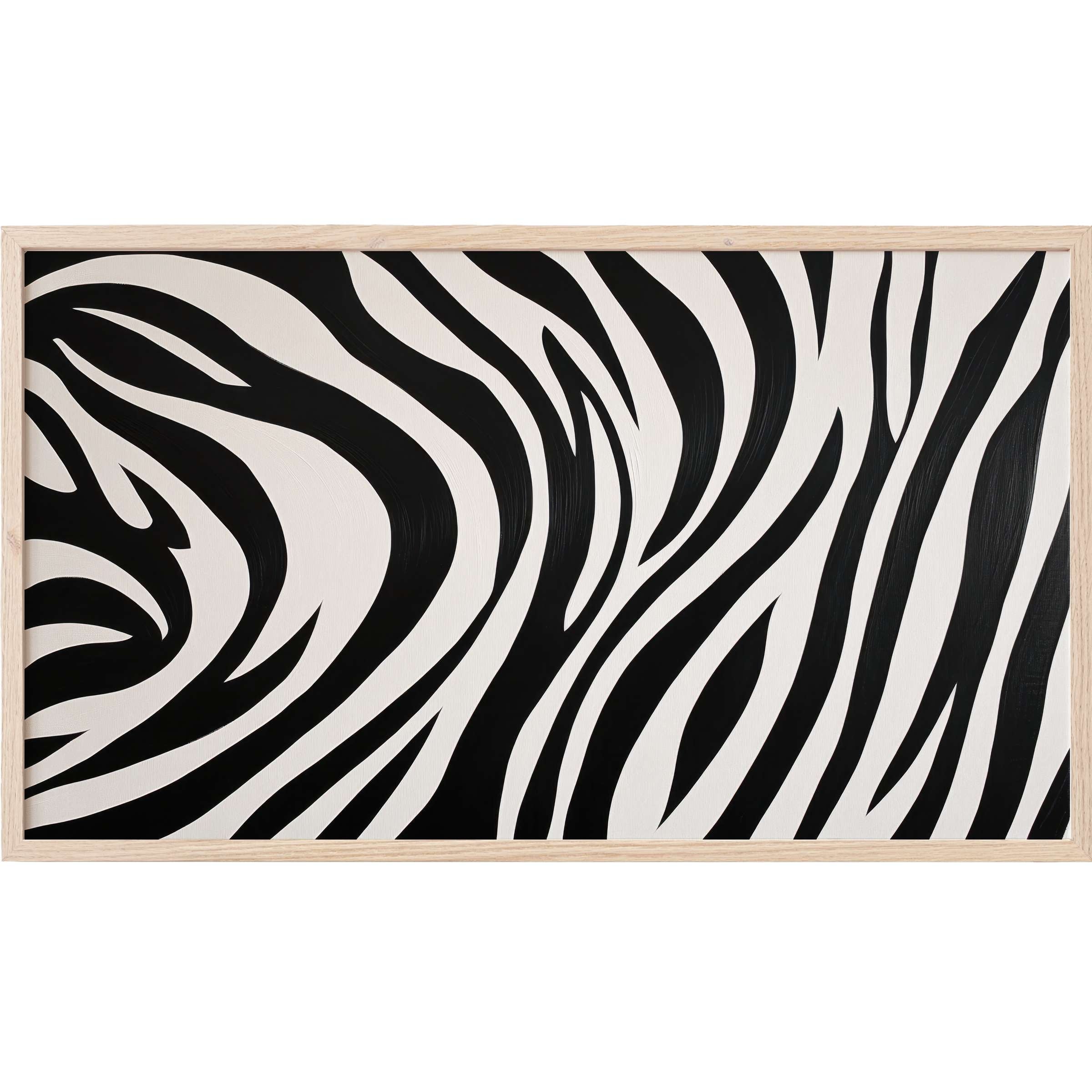 Elegant black and white Frame TV Art with fluid zebra-inspired stripes in a modern natural wood frame perfect for chic interiors