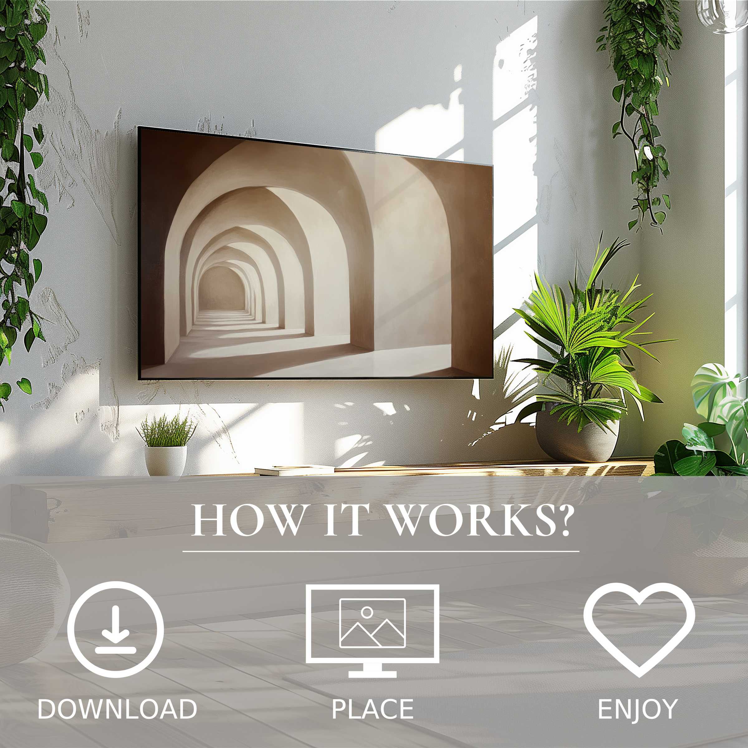 Neutral art for Samsung TV with soft arch motif; easy digital download enriches modern living spaces effortlessly