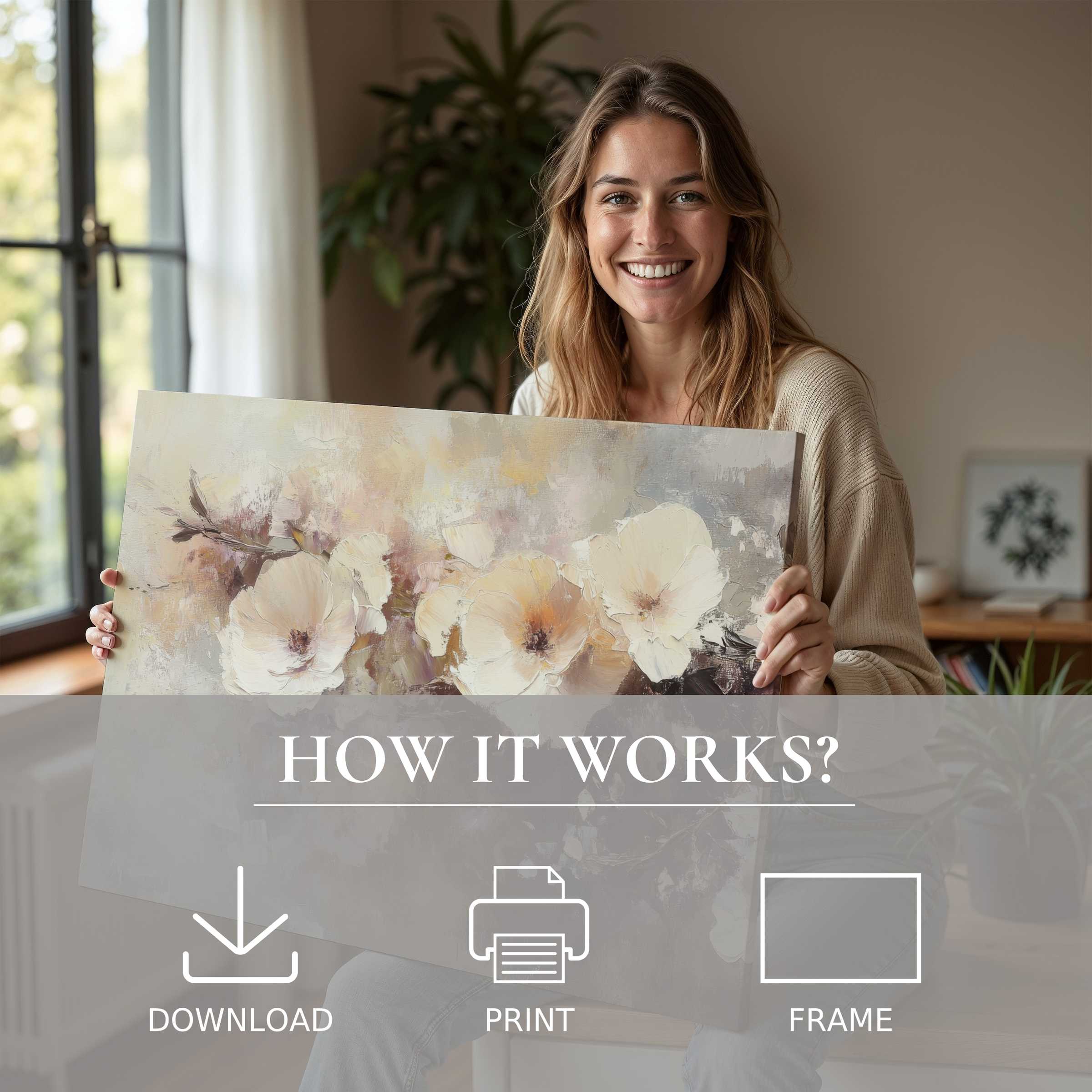 Serene moment of joy with botanical digital art print in soft neutrals, elevating modern living with effortless style
