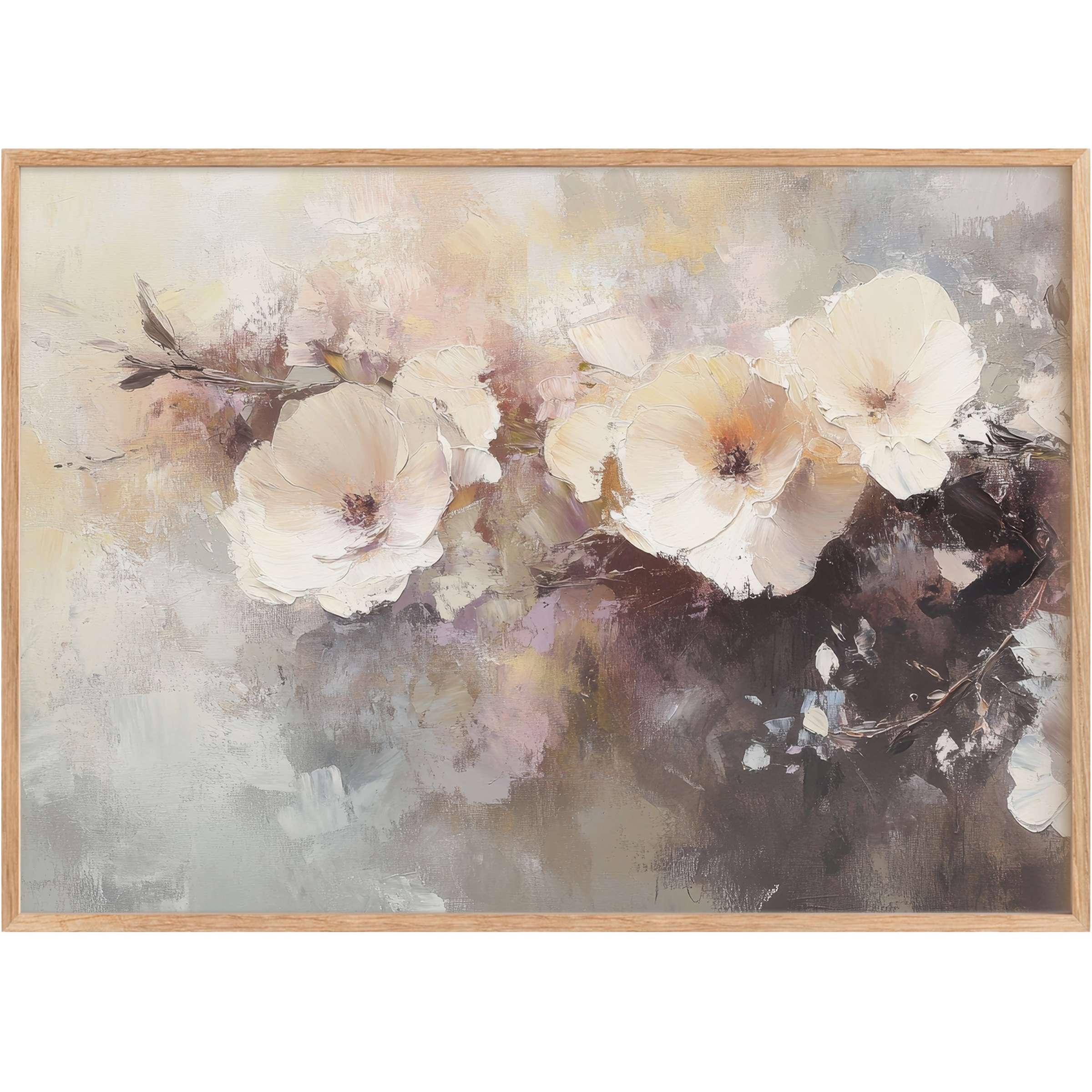 Botanical printable wall art with creamy blooms in soft taupe and lavender, evoking a serene, timeless elegance