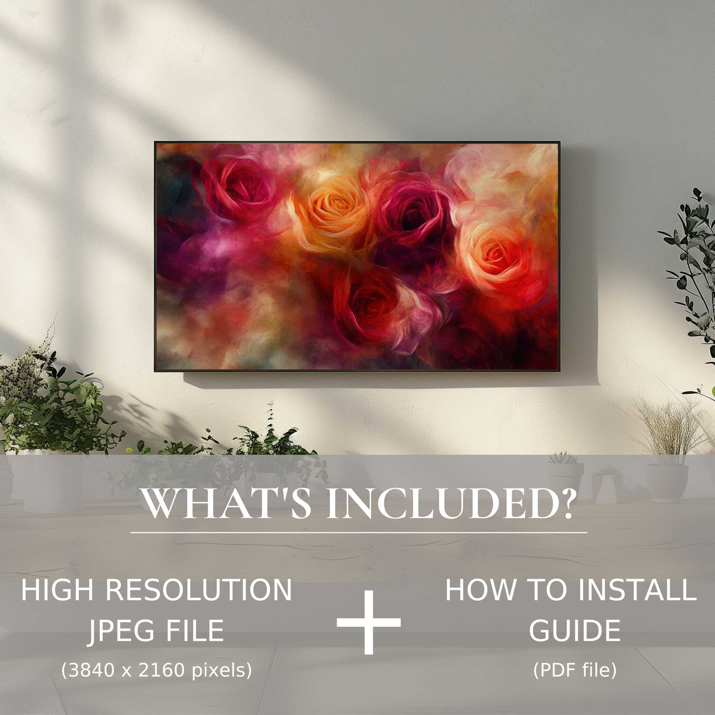 Elegant floral digital TV art download with vibrant roses, easy to use, enhancing any modern living space digitally