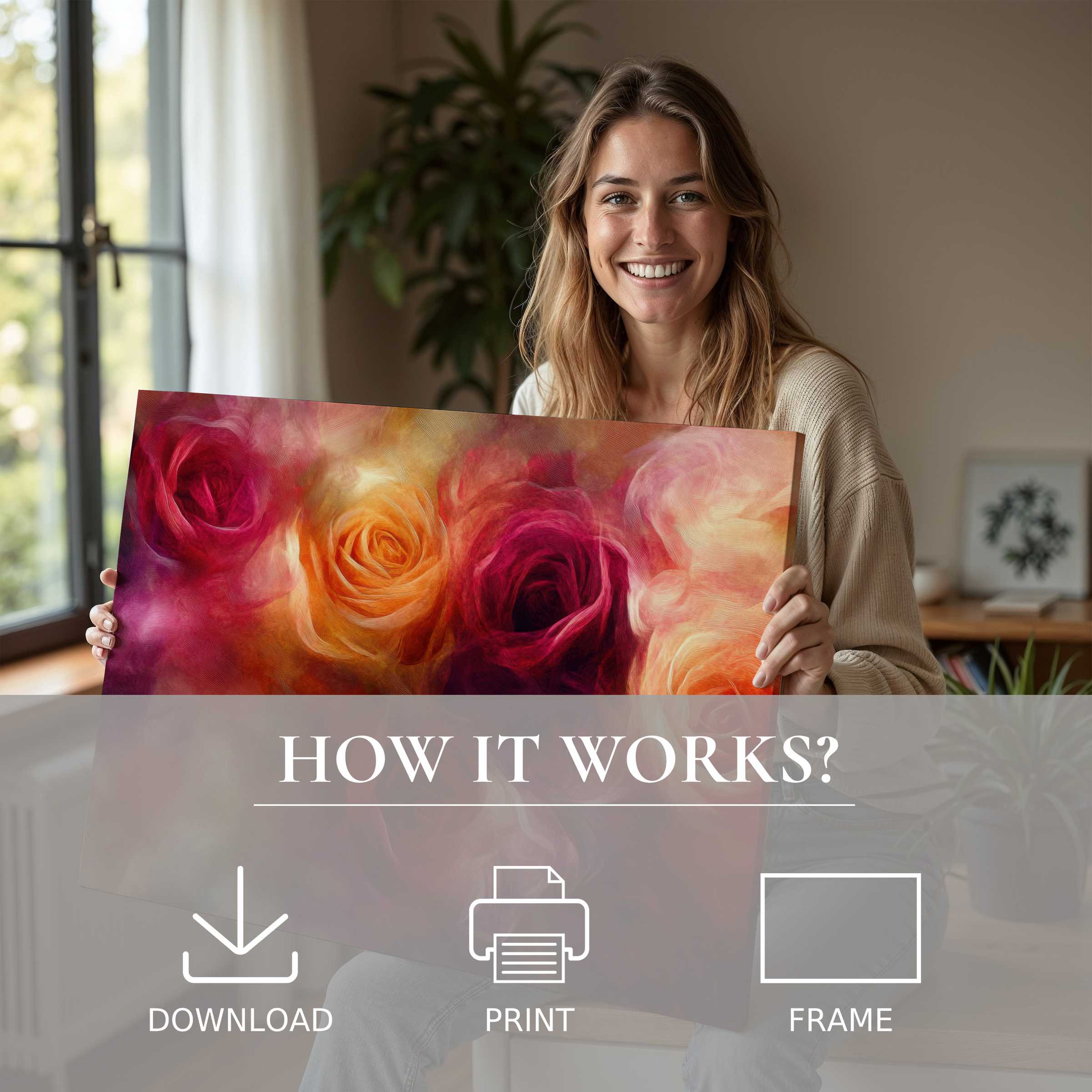 Radiant floral digital art print in warm tones, inspiring serene joy and effortless elegance within a modern stylish home