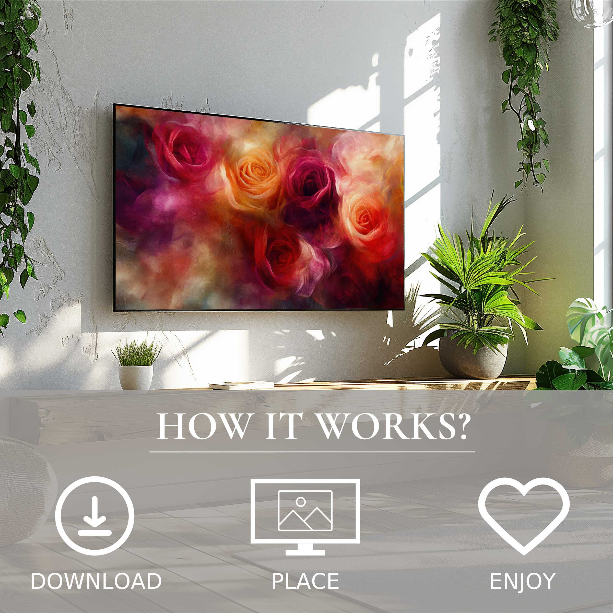 Floral art for Samsung TV with warm rose hues, easy digital download enriching modern living spaces