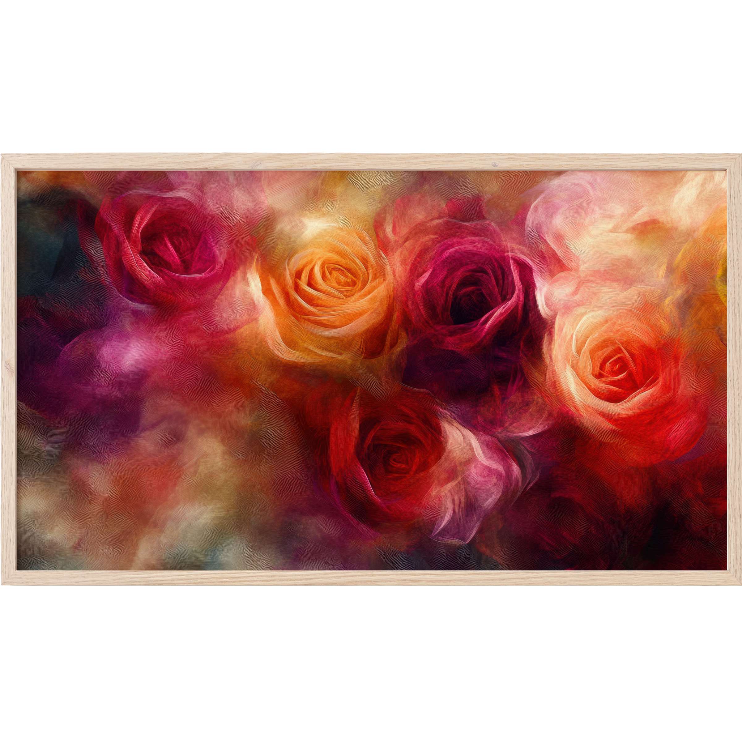 Floral Frame TV Art with rich, swirling reds, pinks, and oranges in a soft, painterly modern floral design