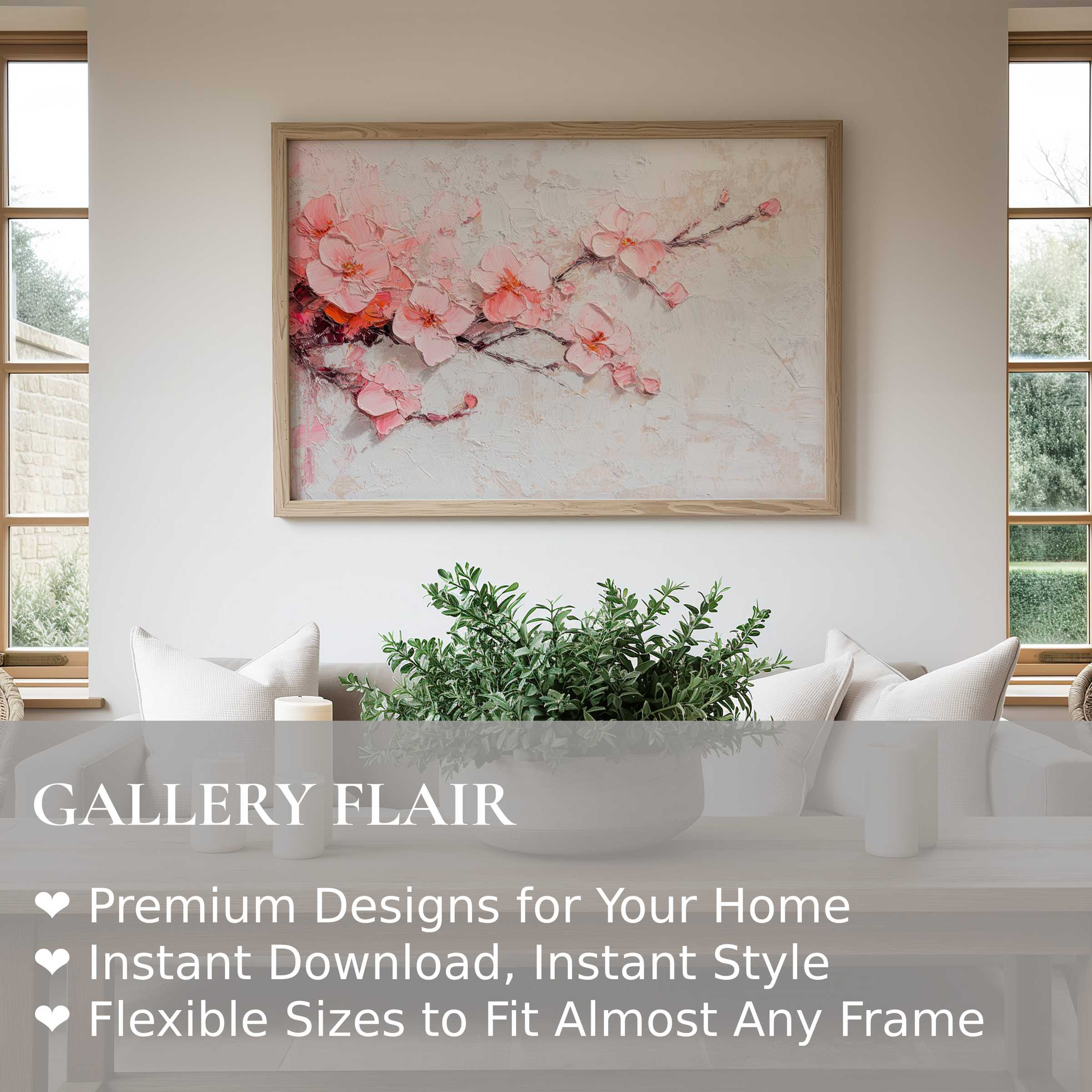 Spring wall art print featuring soft pink cherry blossoms with textured brushstrokes, enhancing modern minimalist interiors with radiant, calming elegance