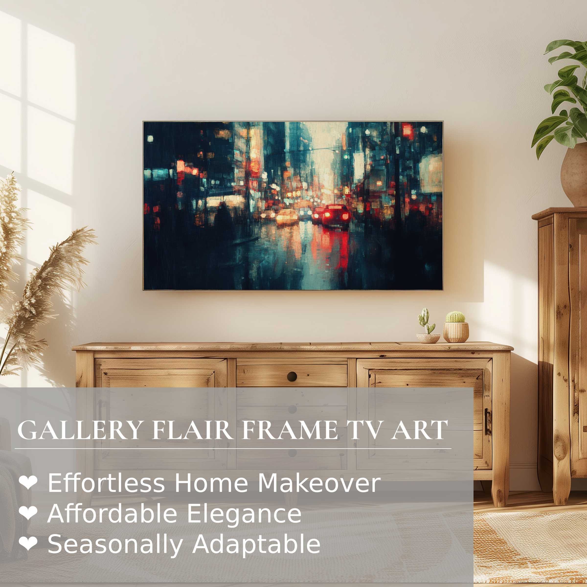 Samsung Frame TV displaying urban digital artwork, blending modern cityscape with cozy natural wood interior